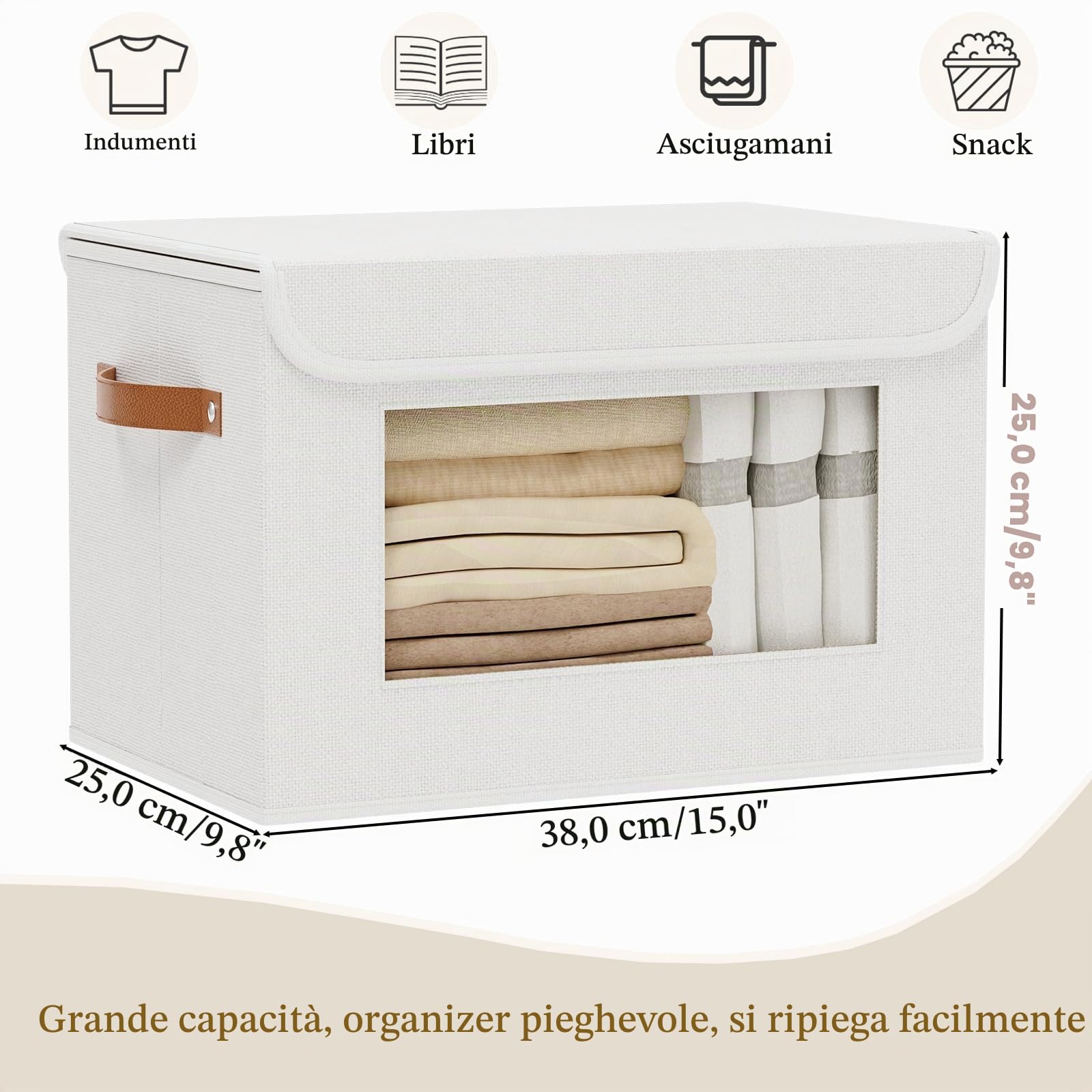 3 pezzi Scatole Portaoggetti Pieghevoli, Bianco, 38×25×25cm | Contenitori per Armadio Salvaspazio,Scatola con Coperchio, Organizzatore Cassetti,Organizer Armadios con Finestra