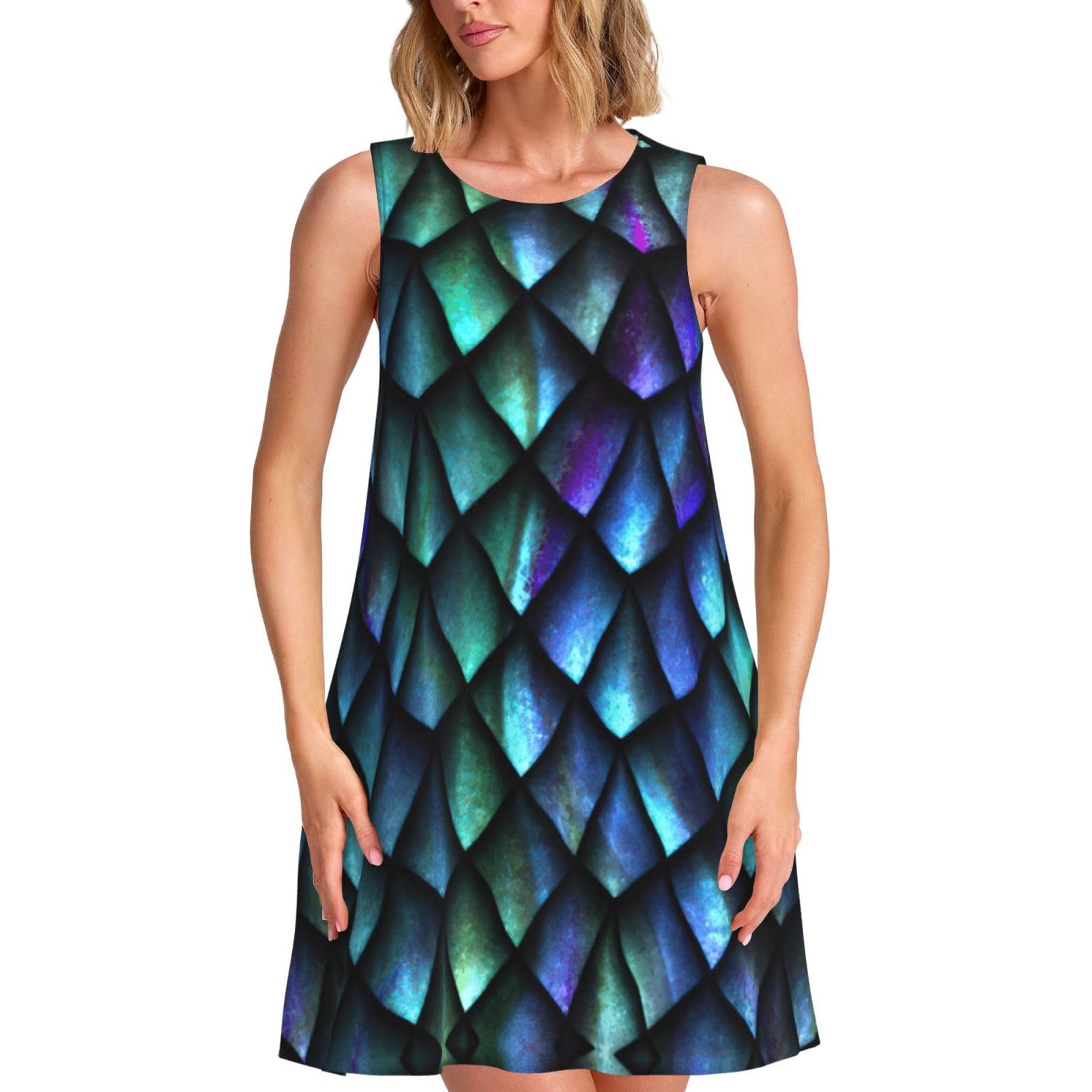 OKFSTY 3D Magical Dragon Scales Pattern Dresses for Women Casual Summer Sundresses Sleeveless Tank Dress Fashion Outfits Black
