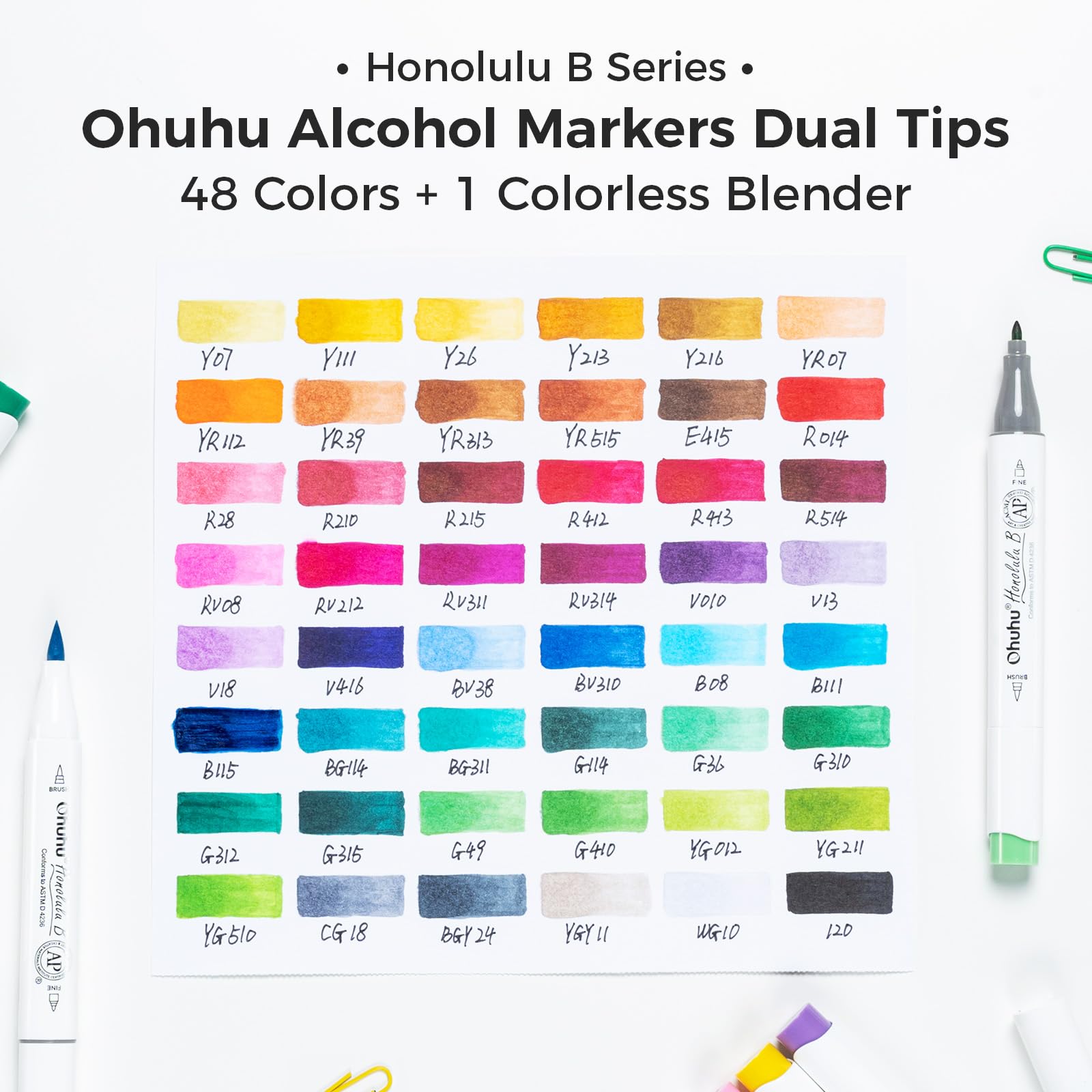 Ohuhu Pennarelli ad Alcool 48 Colori, Pennarelli da Disegno Doppia Punta (Pennello e Punta Fine), Pennarelli per Artisti Adulti Colorazione e Illustrazione, 1 Miscelatore Omaggio