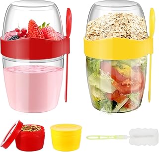 Thboxes Yogurt Pots, 2 Pcs 870ML Reusable Overnight Oats Container with Lid Spoon and Brush,Breakfast Pot Muesli Cup for Salads Fruit Cereal Milk Porridge