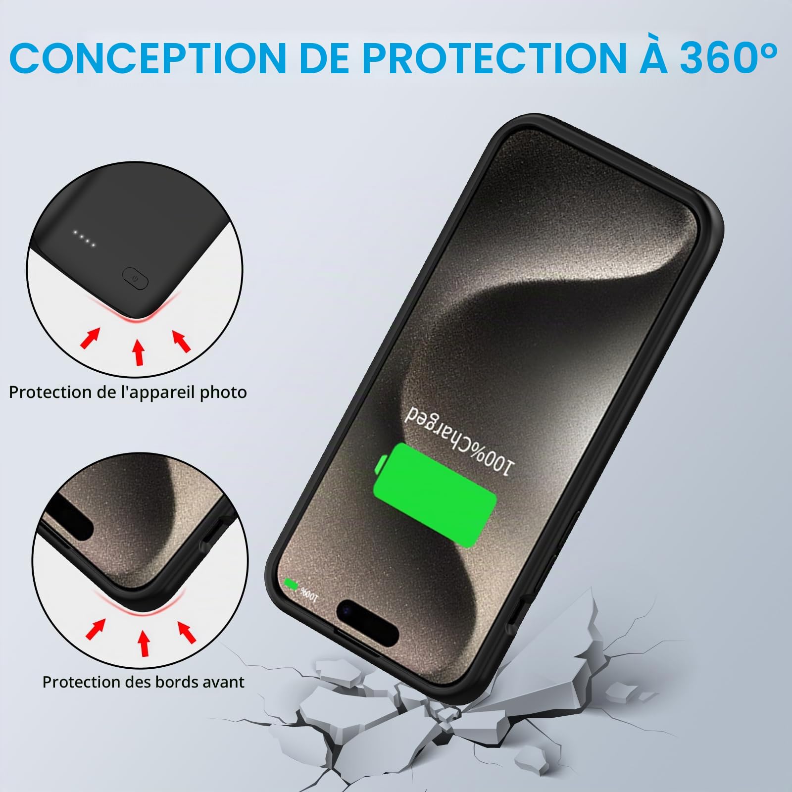 Coque batterie pour iPhone 15 Pro Max, 13 800 mAh rechargeable, coque de charge étendue, compatible avec iPhone 15 Pro Max (batterie de secours de 6,7", noir)