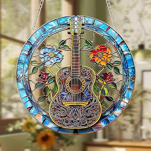 Miniatura 1 de Guitarra acrílica para colgar ventana, equipo de música, atrapasoles manchados para ventana, paneles acrílicos, dormitorio, jardín, cocina,