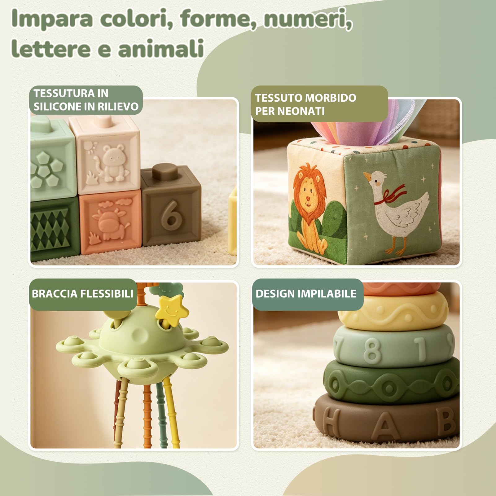 5 in 1 Giochi Montessori 6 Mesi – Giochi Neonato 6-9 Mesi con Scatola di Fazzoletti Montessori, Giocattoli Impilabili, Giocattolo di Classificazione, Tirare la Corda | Regalo Bambino 8 9 12 Mesi