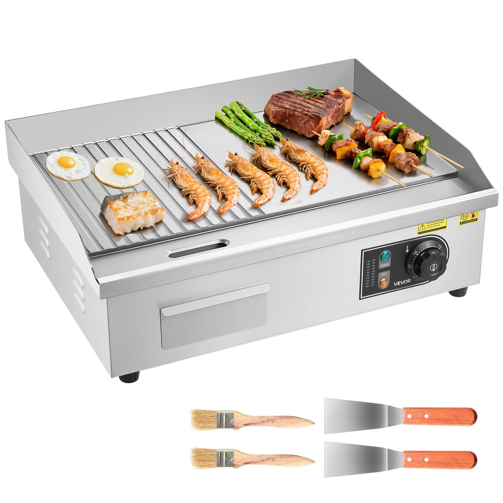 VEVOR Plancha Eléctrica, 3200 W, Control de Temperatura Ajustable 50 a 300 °C, Cuerpo de Acero Inoxidable, Mitad Ranurada, Mitad Plana, con 2 Espátulas, 2 Cepillos y 4 Almohadillas para los Pies