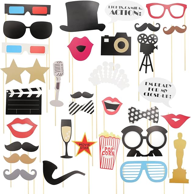 milaosk 33 Pcs Hollywood Themed Party Props Themed Photo Booth Props Movie Night Photo Booth Props with Wooden Sticks Themed Party Kit for Birthday Party Decoration Bachelorette Wedding Party
