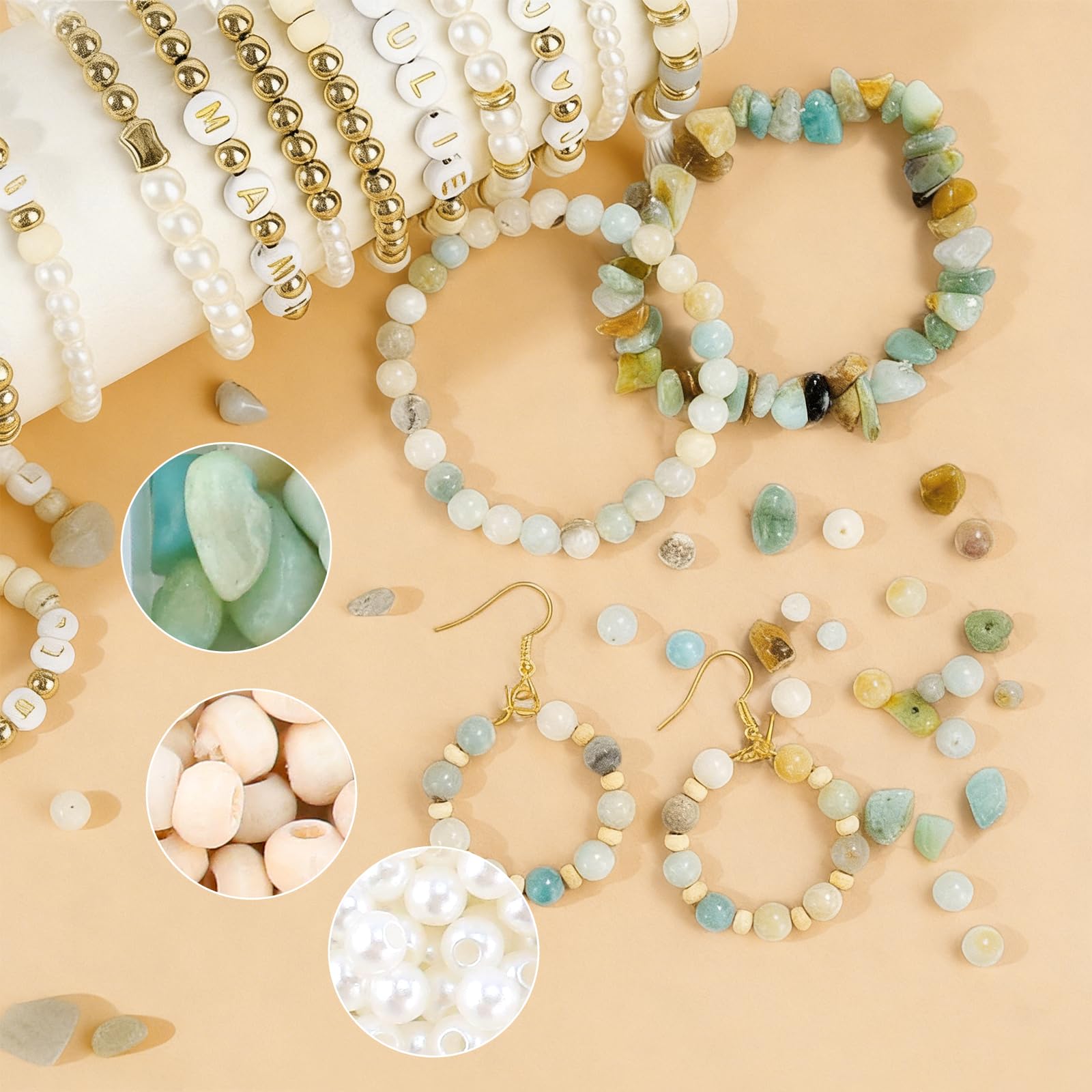 Kit de fabricación de pulseras de cuentas de cristal de piedra natural para hacer joyas, suministros con cuentas de letras, cuentas de madera, cuentas blancas, cuentas doradas para manualidades