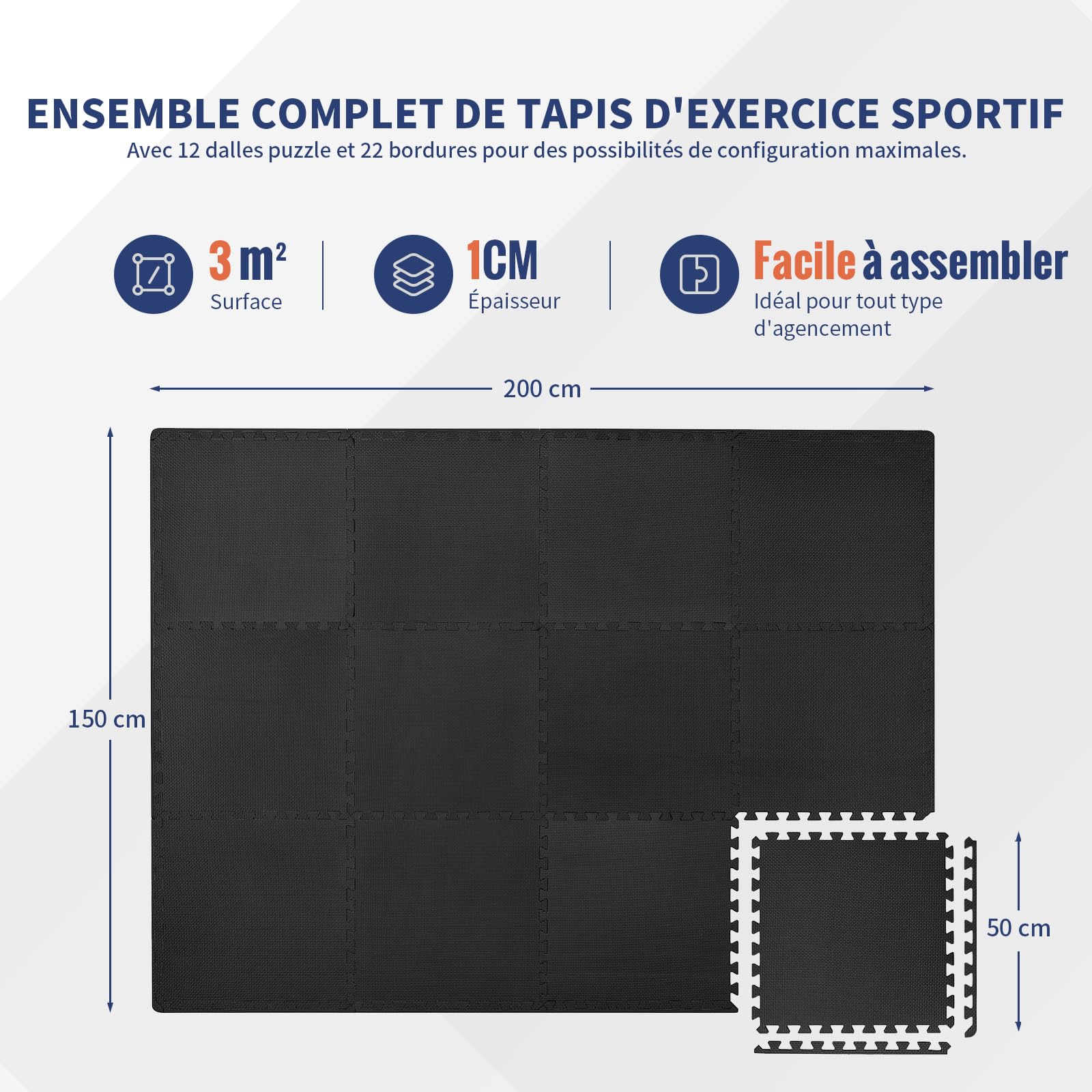 Sol Salle de Sport, Tapis de Sport, Extra Large 50x50 cm, 12 Pièces, 3㎡ Dalles en Mousse sans BPA, EVA Caoutchouc, pour Tatami, Gym, Musculation, Fitness, Antidérapant, Puzzle, Dalle Garage