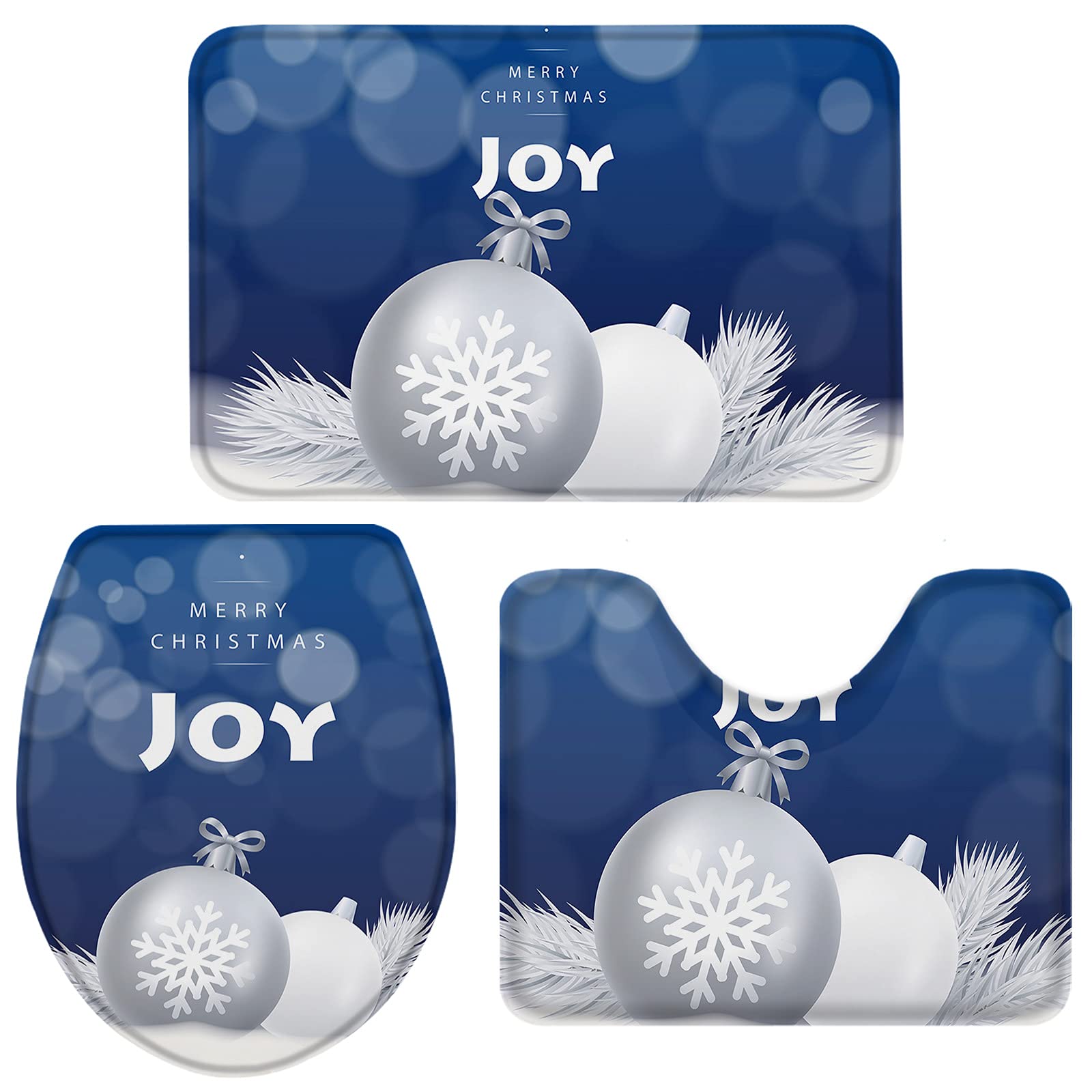 Queenker 3 Pieces Bath Rug Set Toilet Seat Cover Christmas Joy Snowflake Lights Contour Rug,Pedestal Mat and Toilet Lid Cover,Non-Slip Bathroom Floor Mat 20