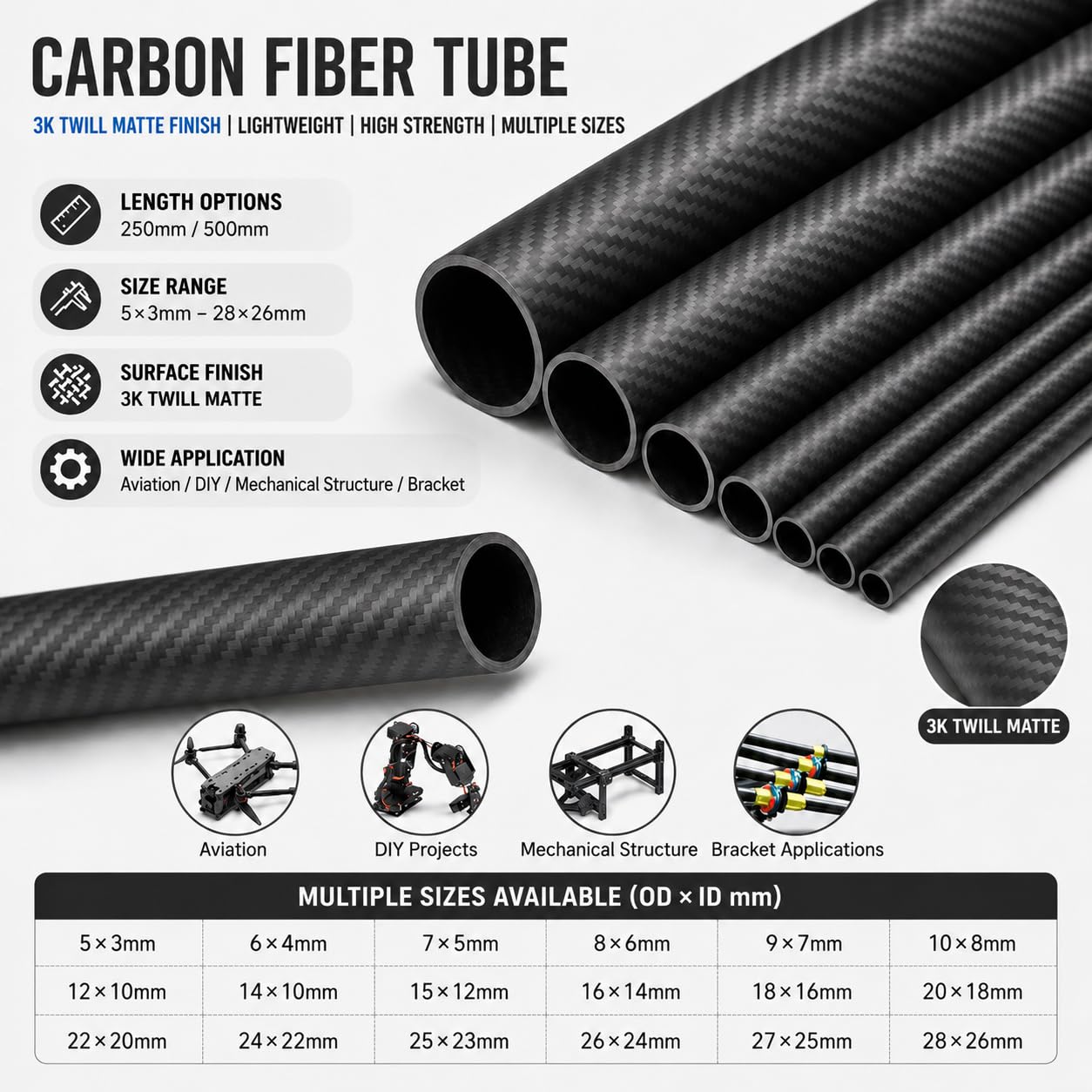Tubo Fibra de Carbono Alta Rigidez Ligero para Aplicaciones Técnicas | Alta rigidez estructural, peso ultraligero estabilidad,material compuesto duradero, aplicaciones técnicas e industriales
