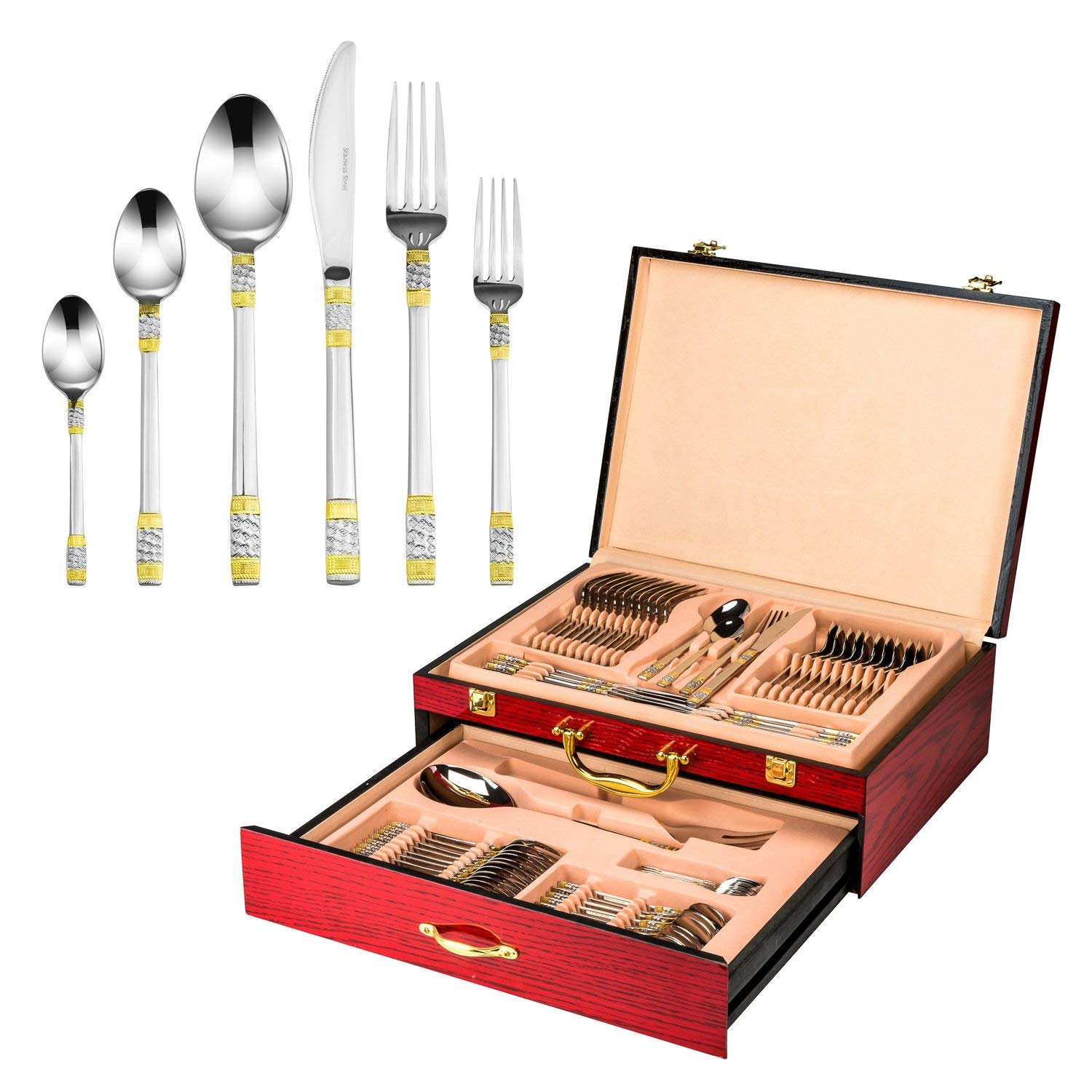 Italian Collection Luxor', 75-częściowy zestaw sztućców ze stali chirurgicznej 18/10, zestaw sztućców, serwis dla 12, - platerowany zestaw do serwowania dla pani w drewnianej walizce
