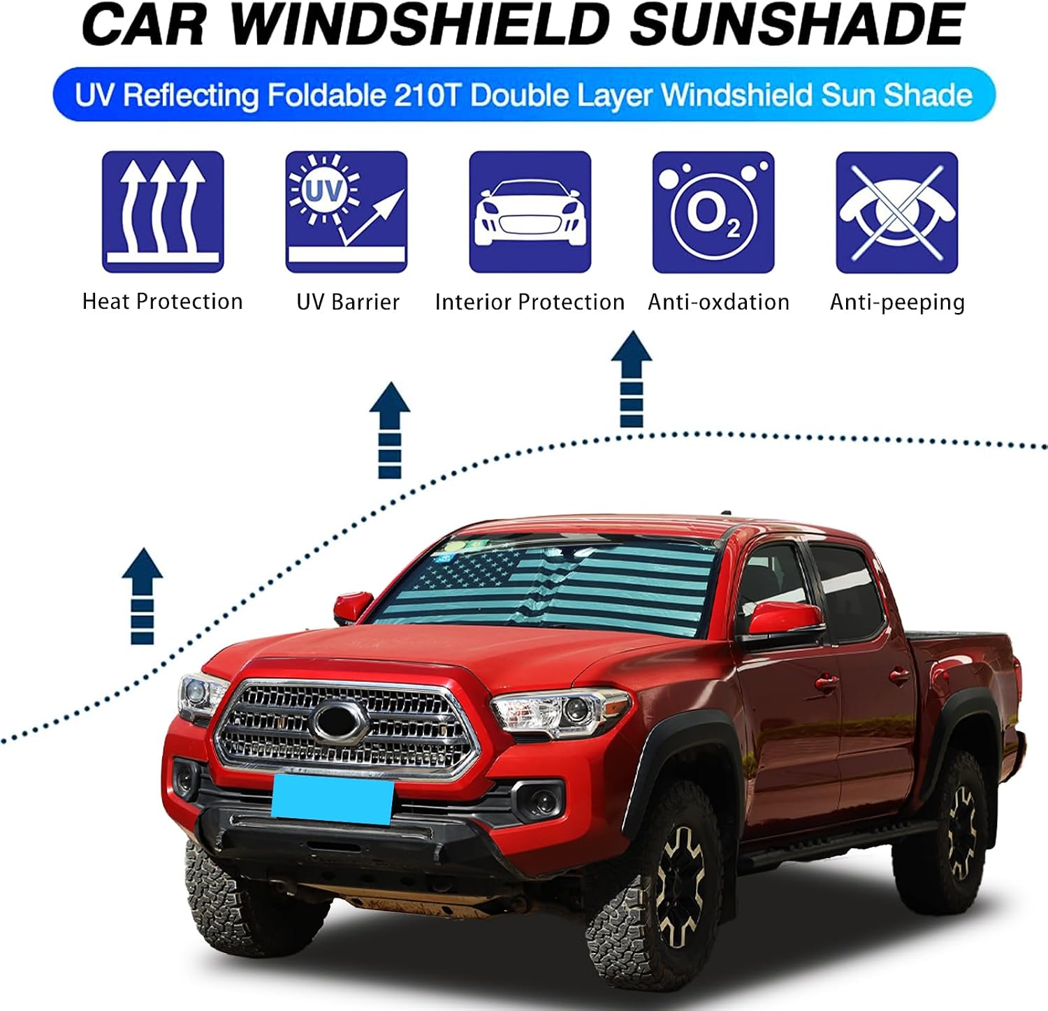 The Original Windshield Sun Shade for Tacoma 2006-2015 2016 2017 2018 2019 2020 2021 2022 2023 Car Windshield Reflective Sunshade Protector Sun Shade (Black US Flage)