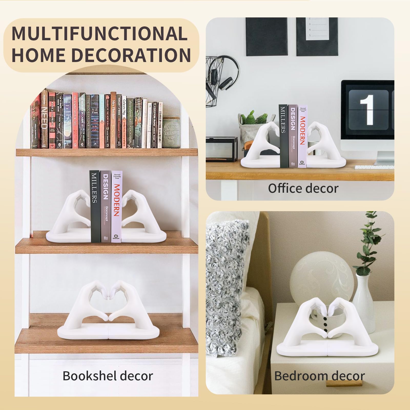 Sujetalibros Decorativos Blancos - Sujetalibros Escultura de Manos en Forma de corazón, Creativo y Soporte para Libros - para Sala de Estar, decoración del hogar y separadores de estantes de Oficina