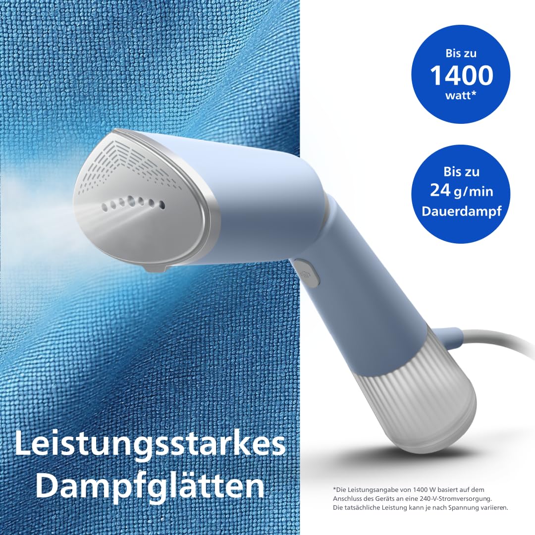 Philips Dampfglätter 5000-Serie - 35 Sekunden Aufheizen, aktiv beheizte Dampfplatte, Eco-Modus, für empfindliche Textilien, dampft vertikal & horizontal, Handschuh & Beutel, himmelblau (STH5020/20)