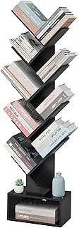Tajsoon 9 Tier Tree Bookshelf with Drawer Bookcase, Floor Standing Book Storage Rack, Tall Bookshelf for CDs/Books/Movies, Bookshelf for Bedroom, Living Room, Home Office, Black