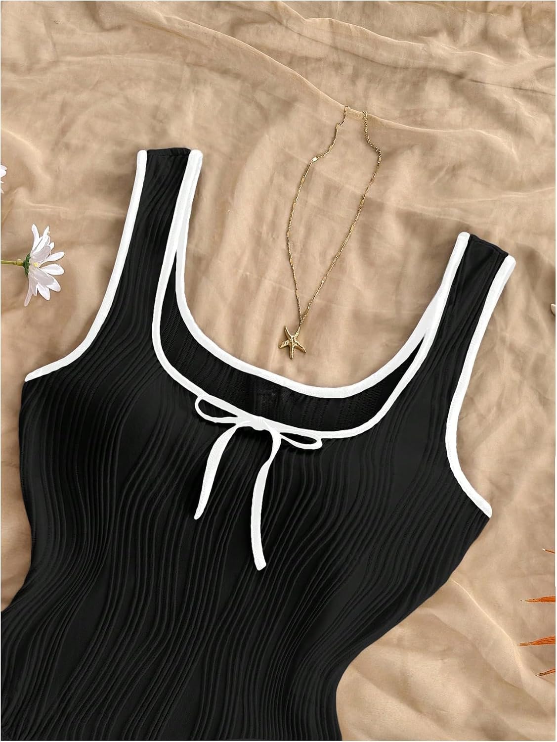 OYOANGLE Women's Textured Tank Top Bodysuit Bow Square Neck Sleeveless Fitted Body Suit Tops