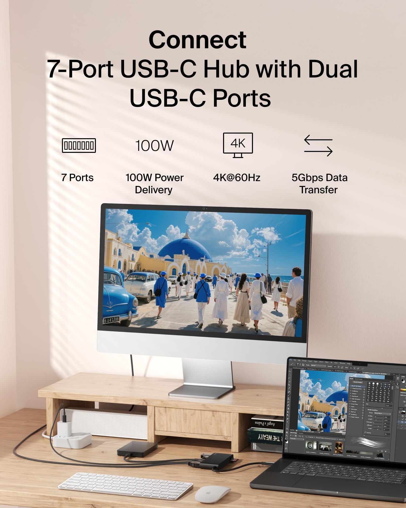 Belkin Hub USB C, concentrador de 7 Puertos con Pantalla HDMI 4K @ 60Hz, SD y MicroSD, Entrega de energía de 100 W, Transferencia de Datos rápida de 5 Gbps, Adaptador multipuerto USB C para MacBook