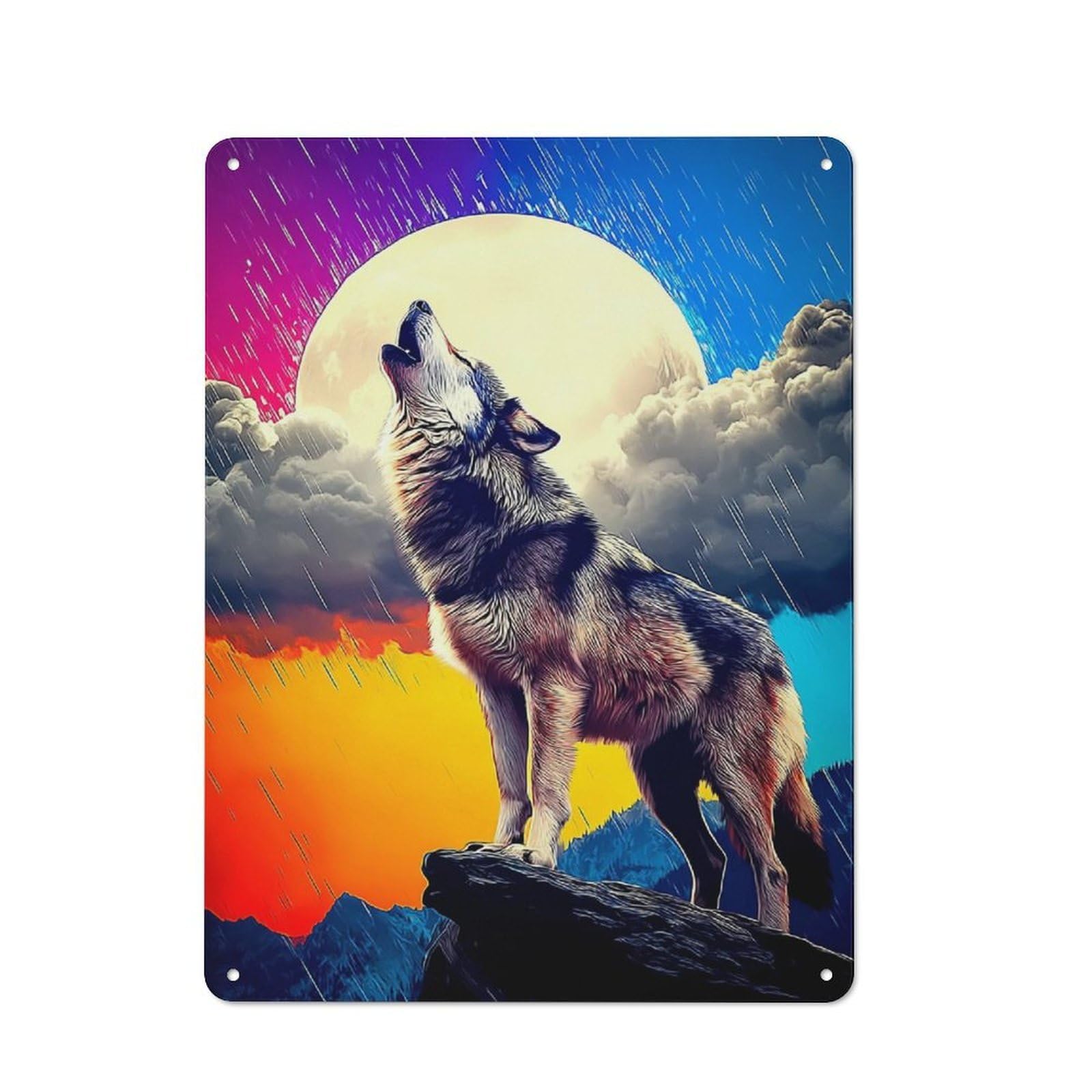 Junmoney Howling Wolf Under Moonlit Sky Tin Wall Plaque 40X30cm With For Bar Or Restaurant, Suited To Restaurant Interior Fans
