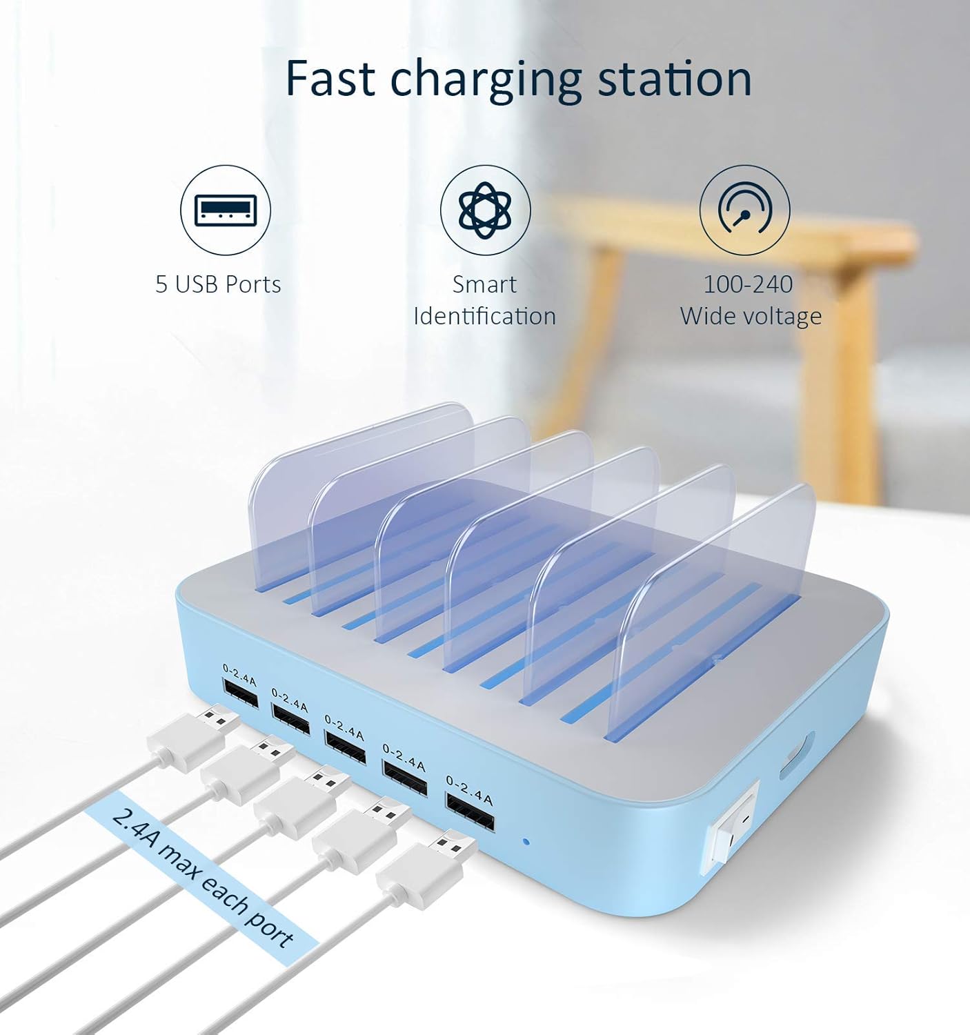 Charging Station for Multiple Devices, 5 Port USB Charging Station with 7 Short Mixed Cables, Compatible with iPhone, iPad, Cell Phone, Tablets, and Other Electronics, Blue : Cell Phones & Accessories