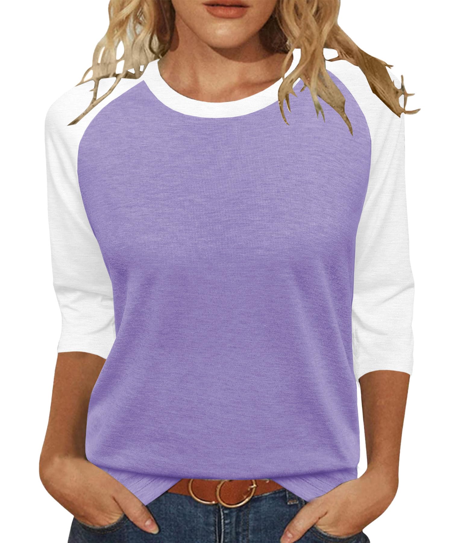 Heymiss Womens Tops 3/4 Sleeve Shirts Round Neck Loose Casual Tshirts Color Block Summer Tees