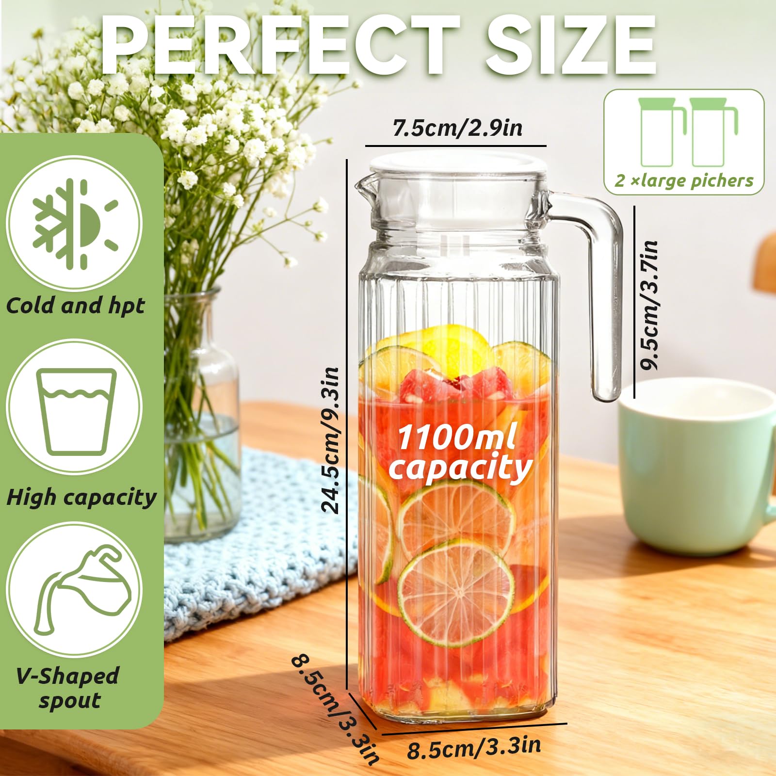 Caraffa per Acqua in Vetro con Coperchio, Confezione da 2 Pezzi da 1,1 Litri, Caraffa in Vetro con Maniglia, Adatta per Bevande Fai da Te, Succo, Tè Freddo, Latte, Acqua, Caffè