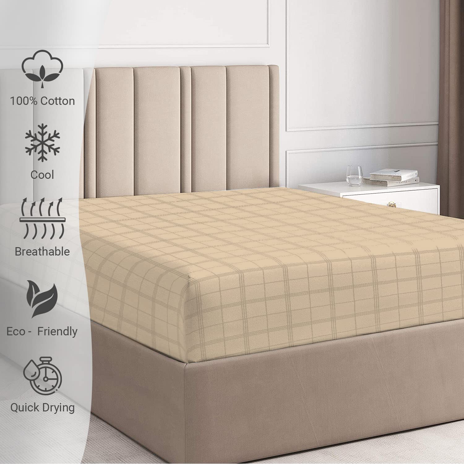 Pizuna 100% Cotton Taupe Big Checks Fitted Sheets, 300 Thread Count Long Staple Combed Cotton Damask Bedding - Image 2
