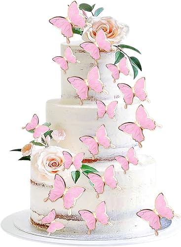 ZpiLkes 30 adornos de mariposa para tartas de mariposa en 3D, cola de oro rosa, mariposa, fiesta de cumpleaños, decoración para aniversario, boda,