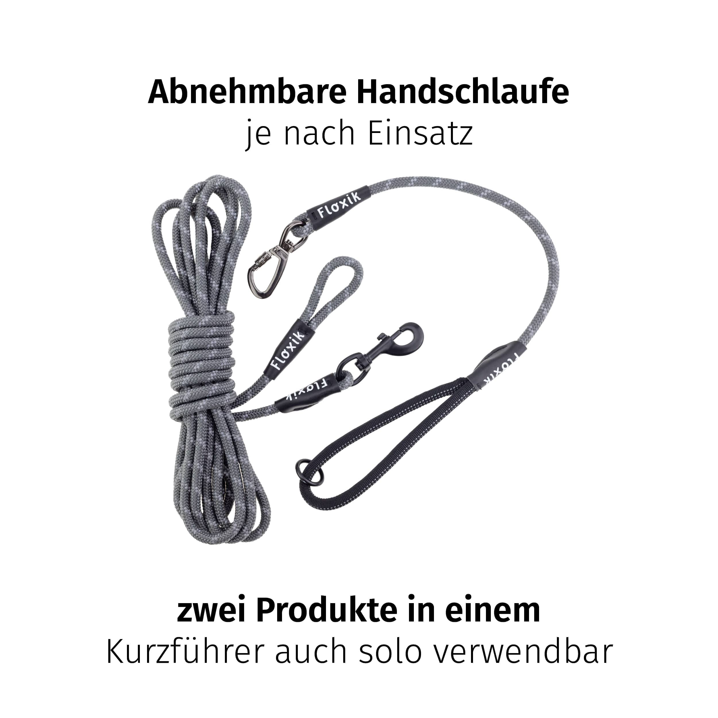 Floxik Schleppleine für Hunde | 5m, 10m, 15m, 20m grau | reflektierende Tauleine mit Abnehmbarer Handschlaufe | auch optimal als Trainingsleine für Welpen geeignet