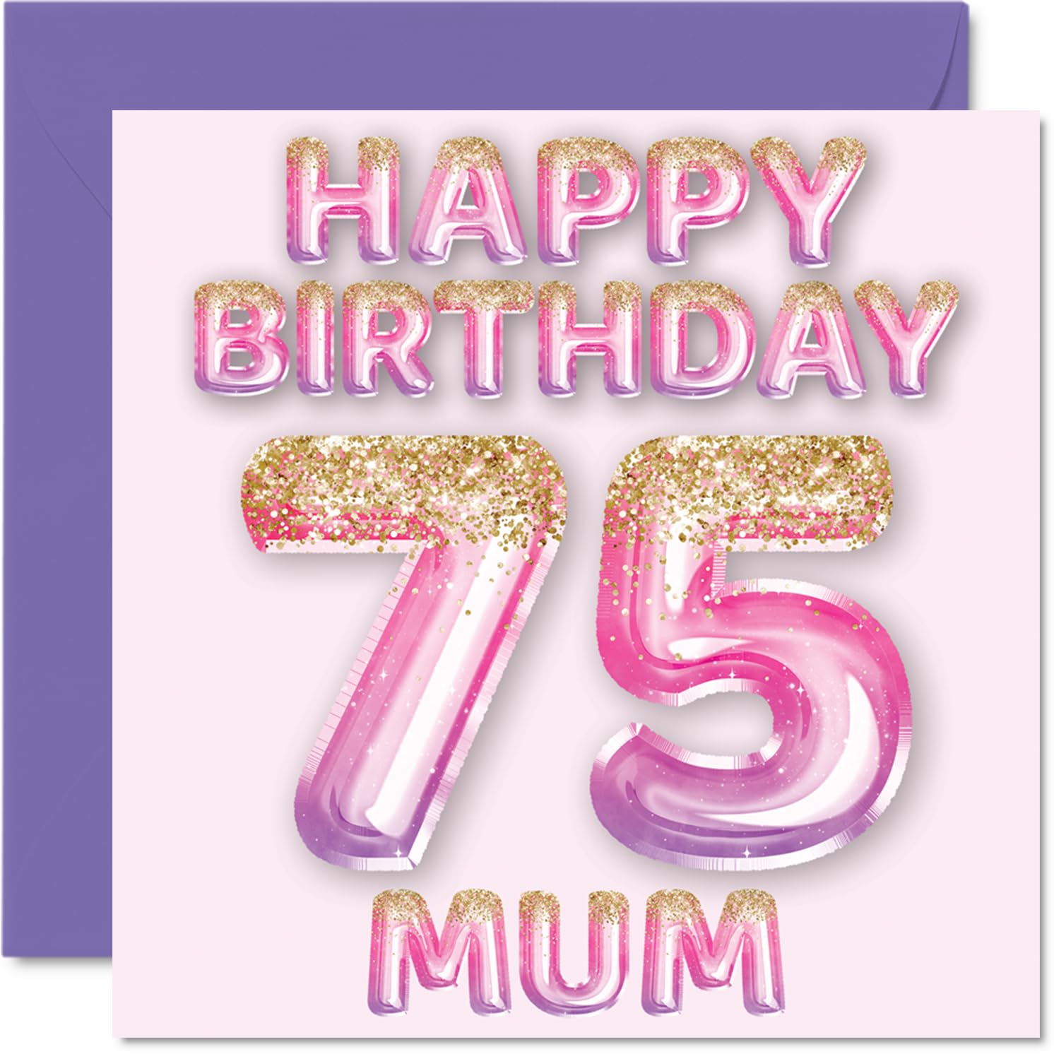 75th Birthday Card for Mum, Pink & Purple Glitter Balloons