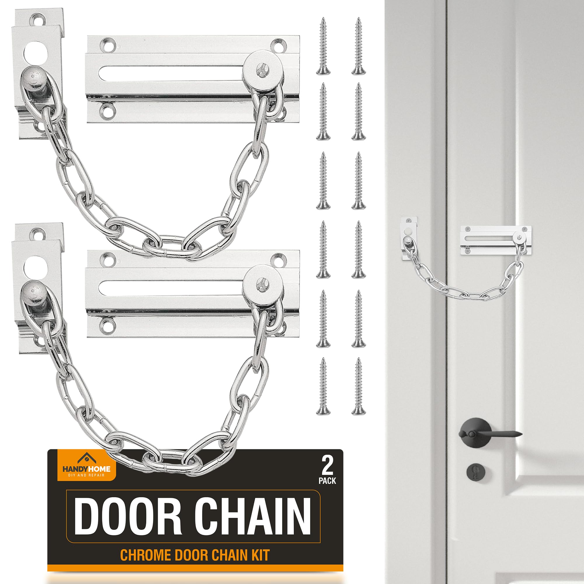 SOL 2pk Chrome Door Chain Kit – Restrictor for Front Door – Heavy-Duty Door Safety Chain Lock for Home Security, Added Protection, Peace of Mind, Durable Metal Construction, and Easy Installation
