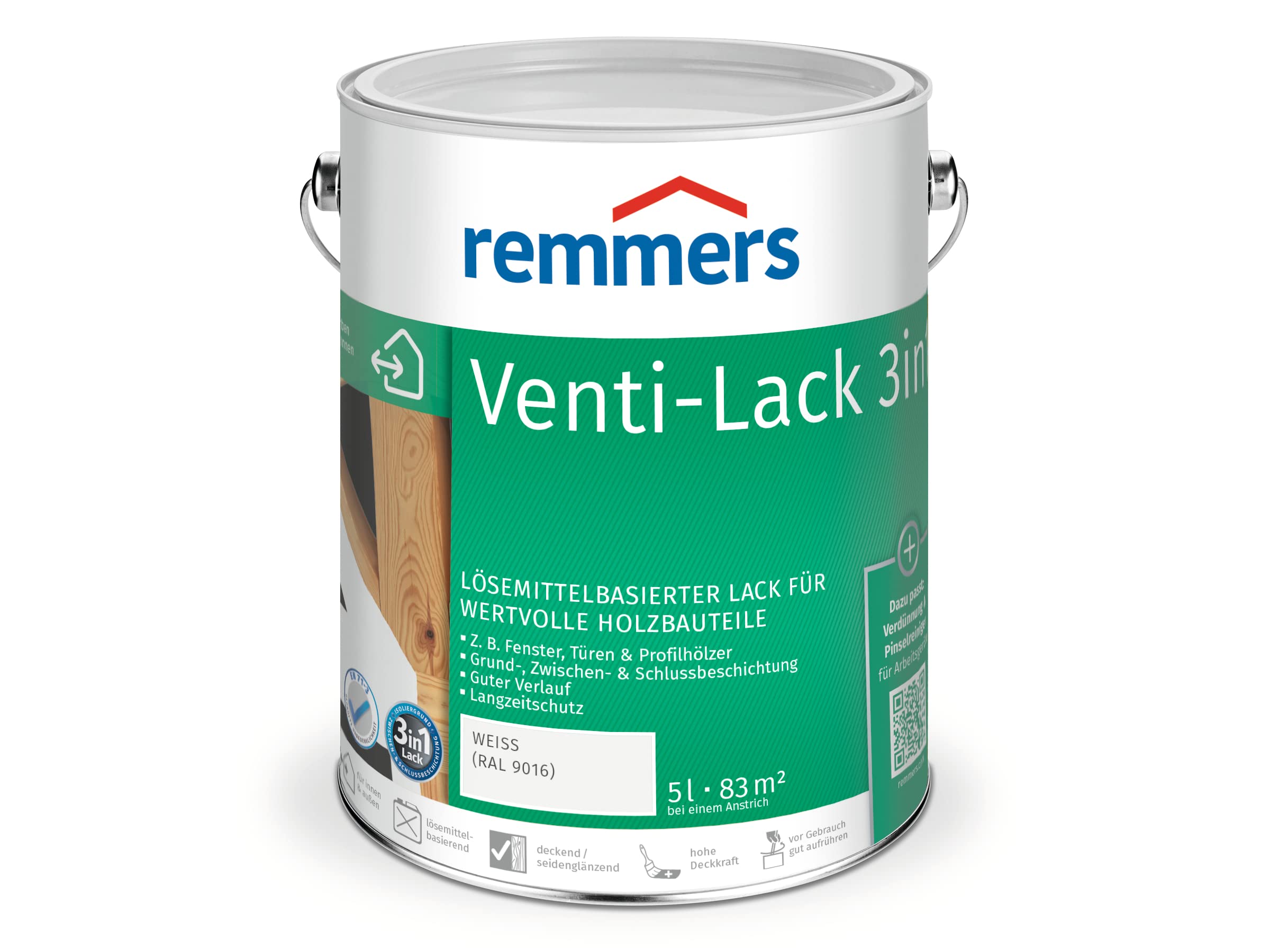 Remmers Venti-Lack 3in1 weiß (RAL 9016), 5 Liter, Alkydhardzlack für Holz außen, 3in1: Grund-, Zwischen- und Schlussbeschichtung, hohe Deckkraft
