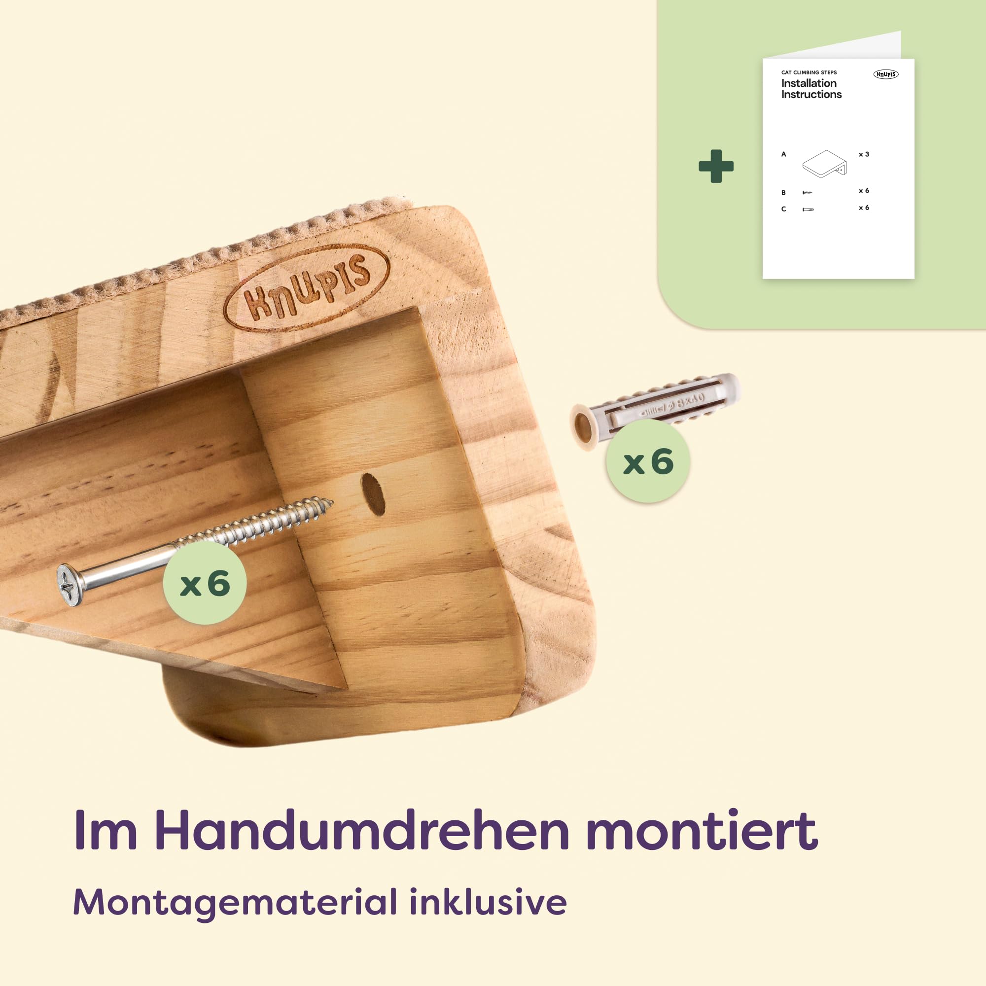 Knupis Katzen Kletterwand 3er Set – FSC® Kiefernholz für Spiel & Abenteuer – Stabile Katzentreppe bis 30 kg mit rutschfestem Vlies – Einfache Montage – Beige