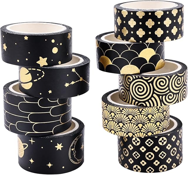Washi Tape,9 Rolls Washi Tape Set Foil Washi Tape,Decorative Washi Tapes Masking Tape for DIY Scrapbooking,Gift Wrapping,Planners Gift,Art & Crafts, 1.5cm/2cm x 5M(Black)