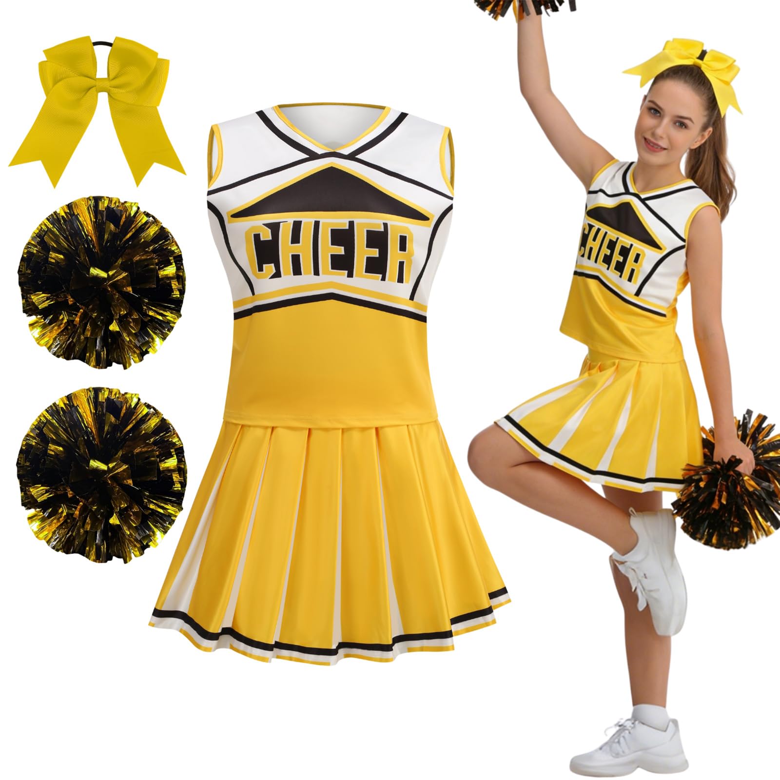 maxToonrain Women Cheerleader Costume 5 PCS Classic Style Adults Cheerleader Outfit with Pom Poms, Top, Skirt, Stockings and Headband for 2026 High School Musical Events Halloween (Yellow, M)