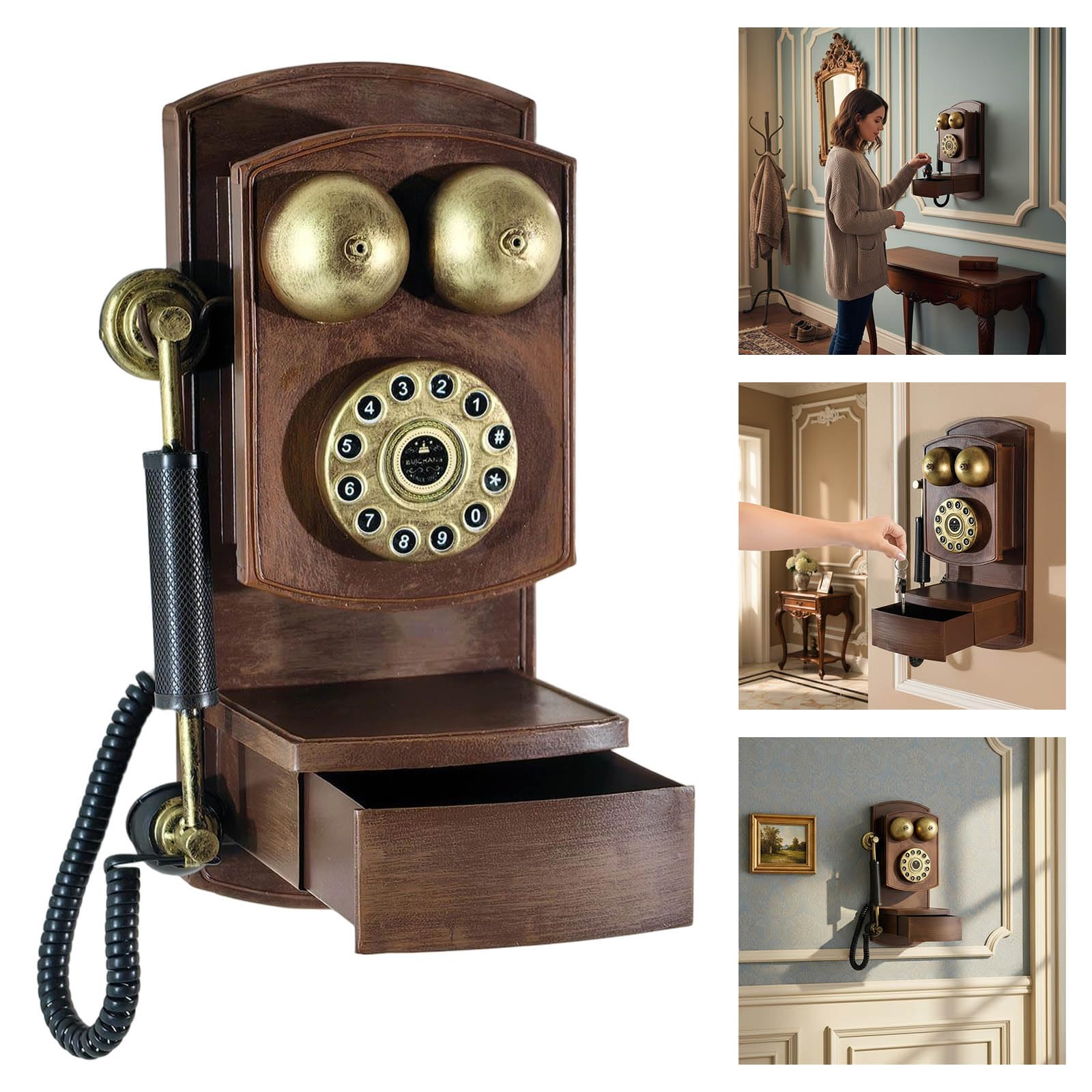 Retro Klassisches Wandtelefon mit Schnur, antikes Festnetztelefon mit Aufbewahrungsbox, modernes Homeoffice