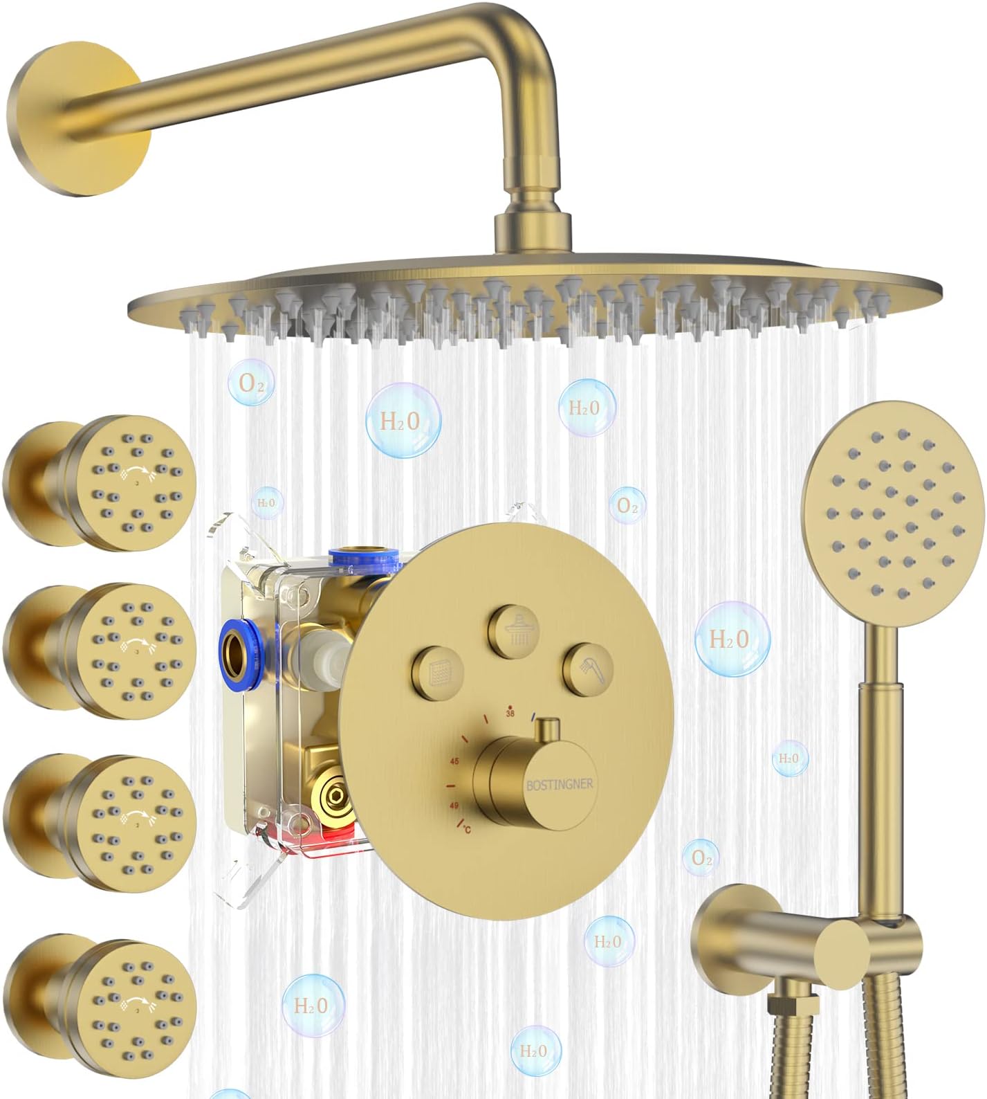 Bostingner Shower Jets Syetem Wall Mount 12 inch Round Rainfall Showerhead with Multi-function Filter Handheld Spray & 4 Body Jets Set, Thermostatic Valve - Brushed Gold