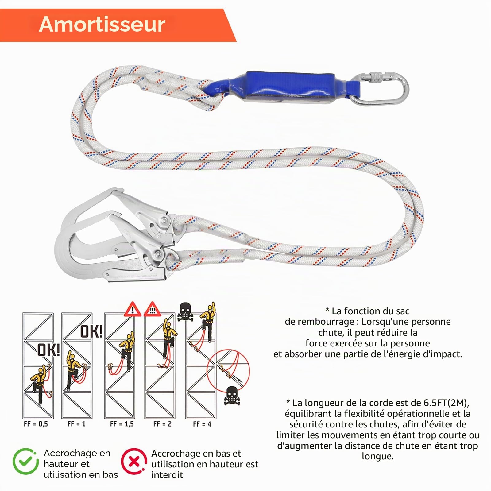NewDoar Harnais de Sécurité Antichute Professionnel, Conforme aux normes ANSI/OSHA Réglable à 5 Points pour Toiture Escalade Arboriste Respirant Léger Longe de Sécurité à Double Crochet en Alliage