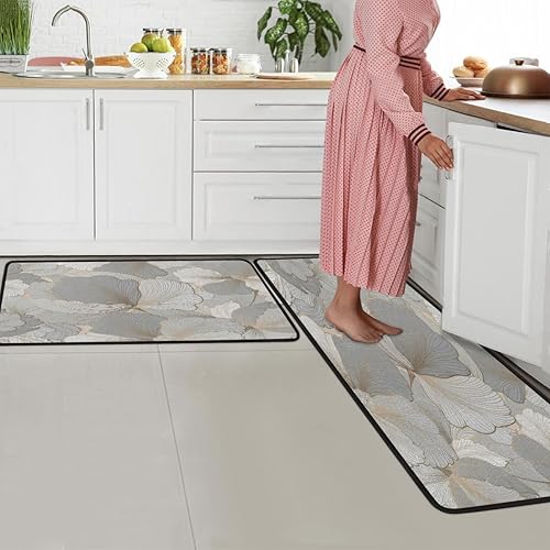 Miniatura 7 de Tapete de cocina con patrón floral dorado sin costuras, acolchado, antifatiga, juego de 2 piezas, duradero, resistente a las manchas, parte inferior