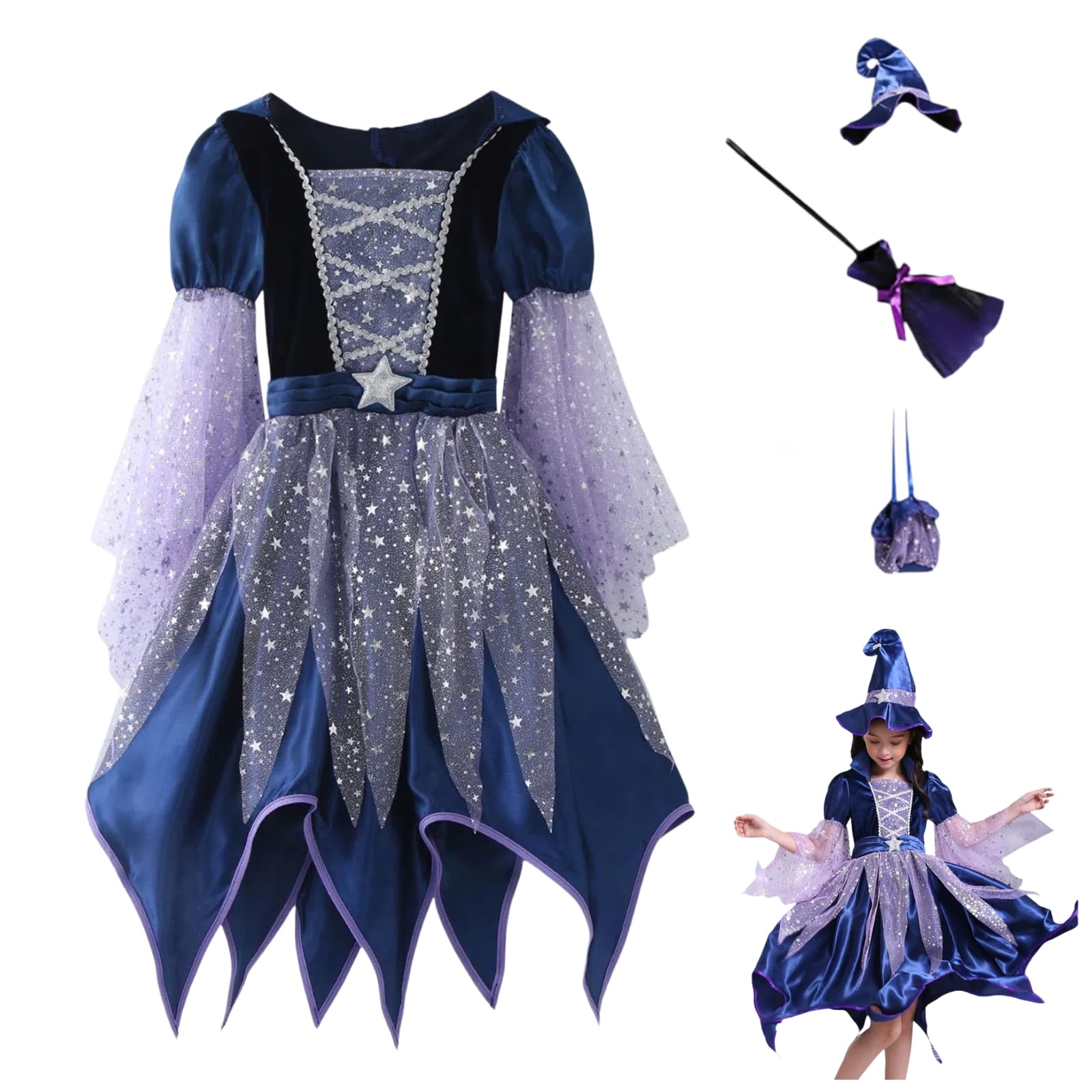 Costume da strega per bambina, vestito da strega per Halloween, con cappello da strega, bacchetta magica e borsa, set da 4/5 pezzi con stella glitterata in tulle morbido, a maniche lunghe, per