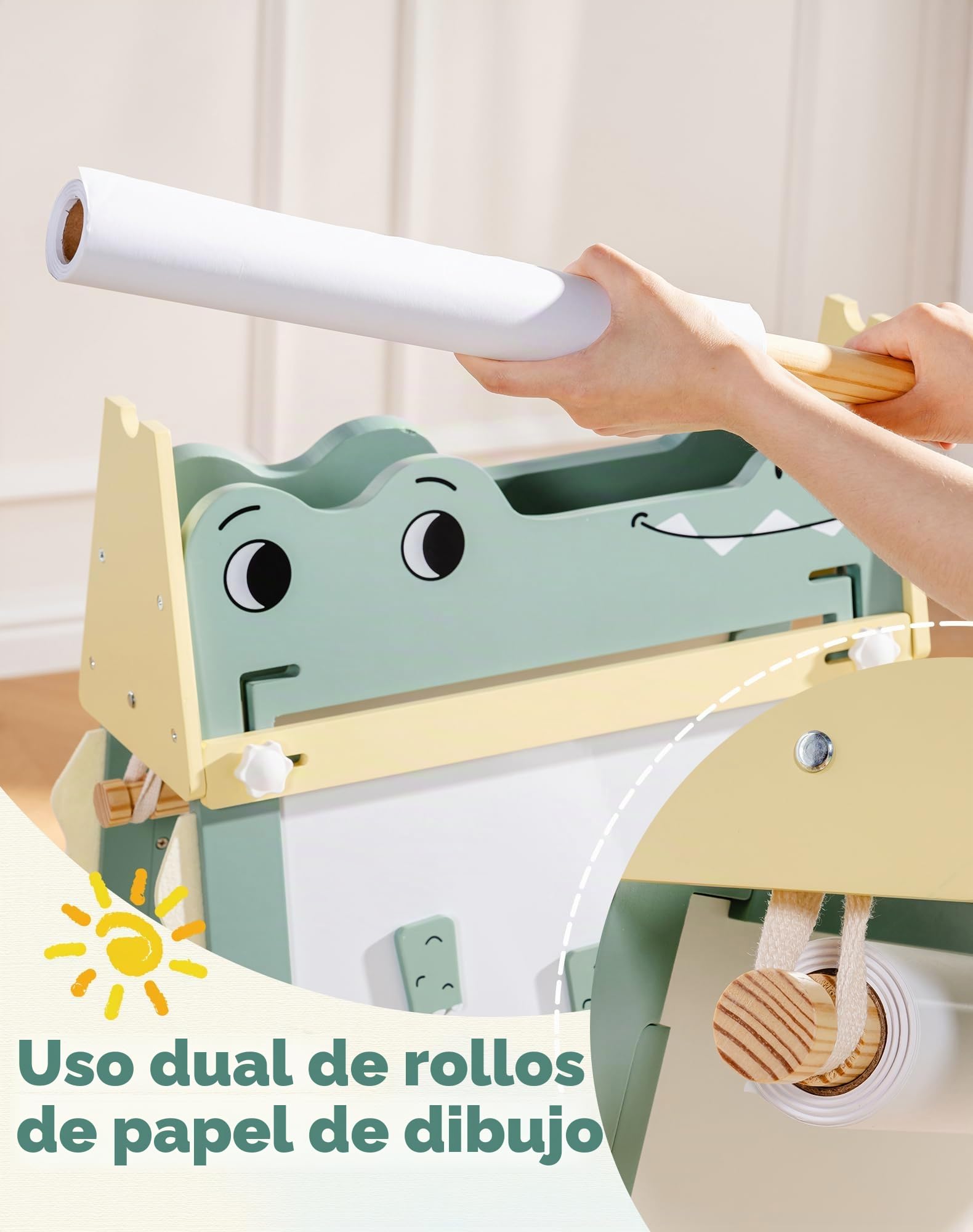 ROBUD Caballete de madera para niños, pizarra blanca de doble cara y pizarra con rollo de papel, tablero de dibujo ajustable en altura con imanes, macetas de pintura, bandeja de almacenamiento, diseño
