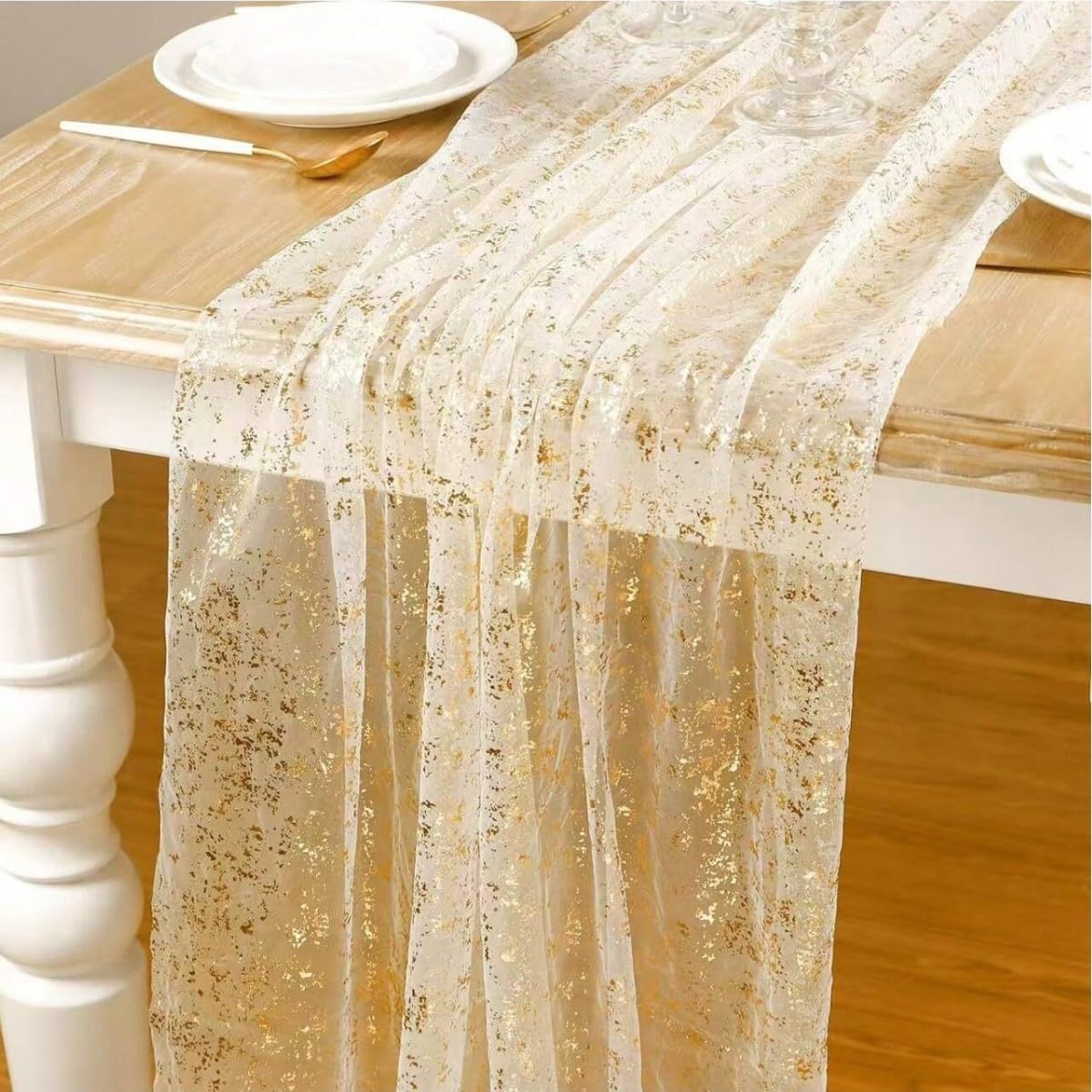 Beige Gold Table Runner, 70 x 300 cm Glitter Metallic Foil Sheer Cheesecloth Fabric, Elegant Dining Table Decorations for Wedding, Birthday Party, Christmas & Home Decor
