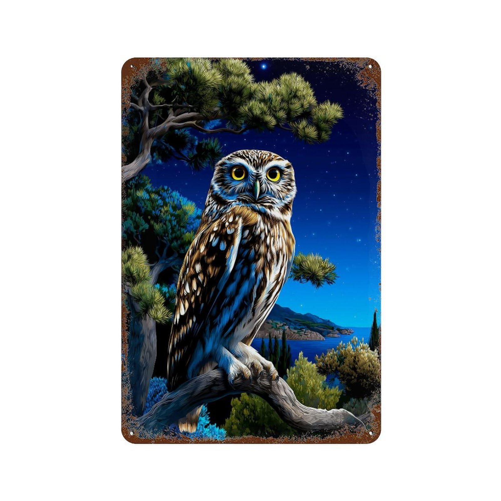 Rust Effect Night Owl Perch Aged Metal Wall Plaque 11.8"x7.9", Shabby Chic Decor for Living Room, Hallway And Home Decor