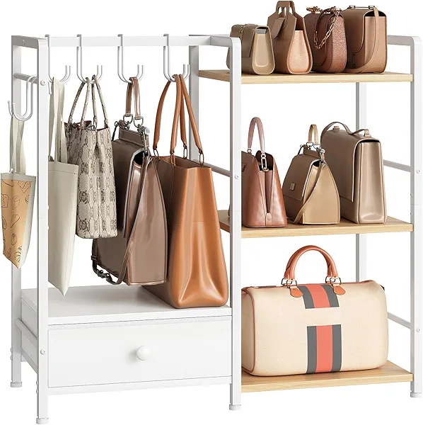 HOOBRO 3-Tier Purse Organizer for Closet, Multi-Functional Purse Rack with 6 Hooks, Floor Standing Handbag Storage Rack with Drawer, for Cloakroom, Foyer, Bedroom, White and Natural WN28CJ01