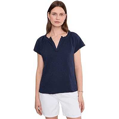 Mod-o-doc Short Sleeve Ruffle Henley Swing Top vibrant navy