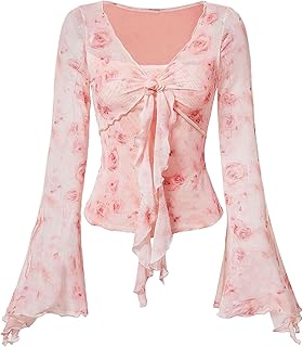 Camisetas de manga larga Y2K con lazo frontal para mujer, con estampado floral, de malla, ropa de los años 2000