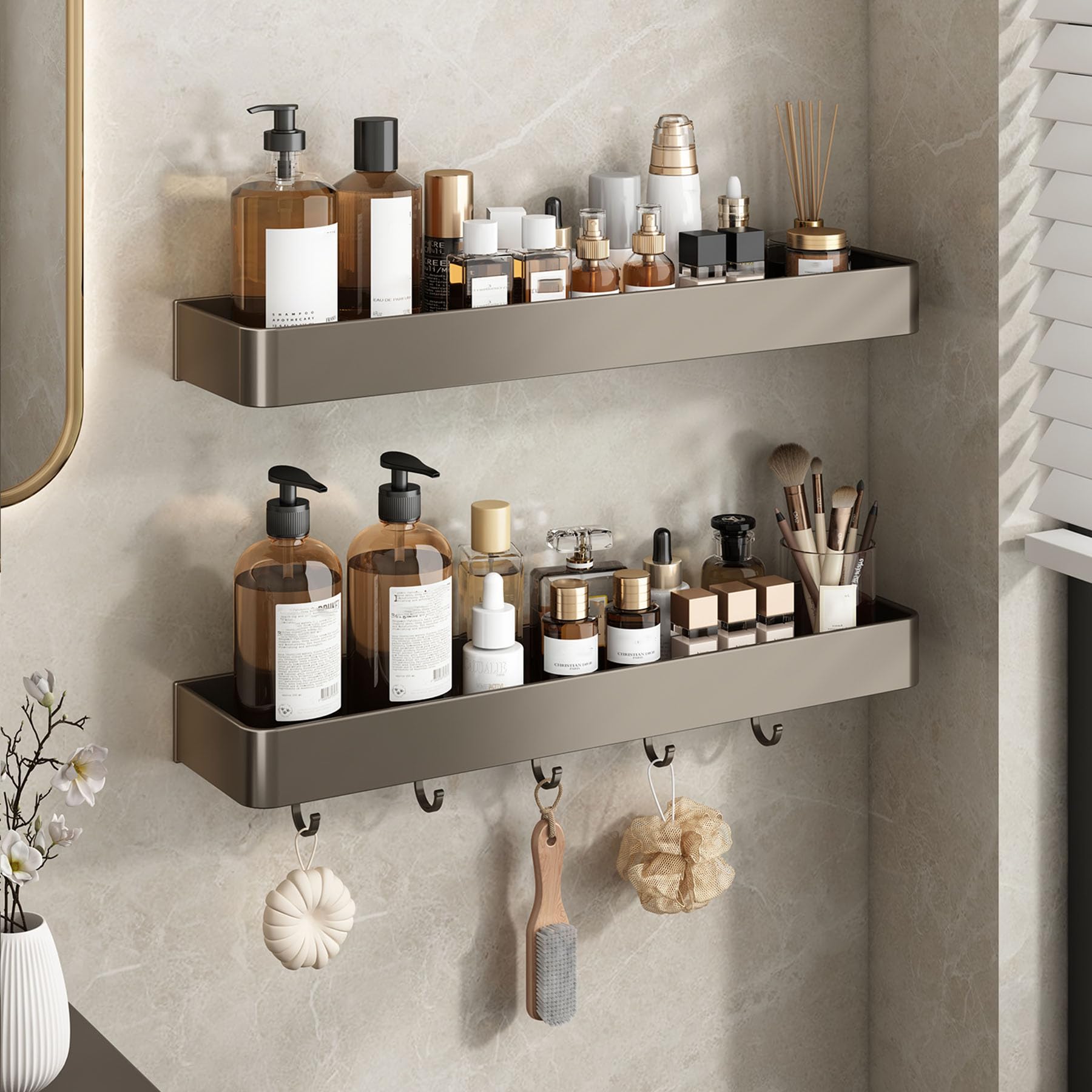 Portaoggetti da Doccia Adesivo Appendere, Organizer Parete per Doccia di Grande capacità Senza Foratura Ripiani per Doccia Bagno portaoggetti in Lega Alluminio antiruggine,Gray d,60CM