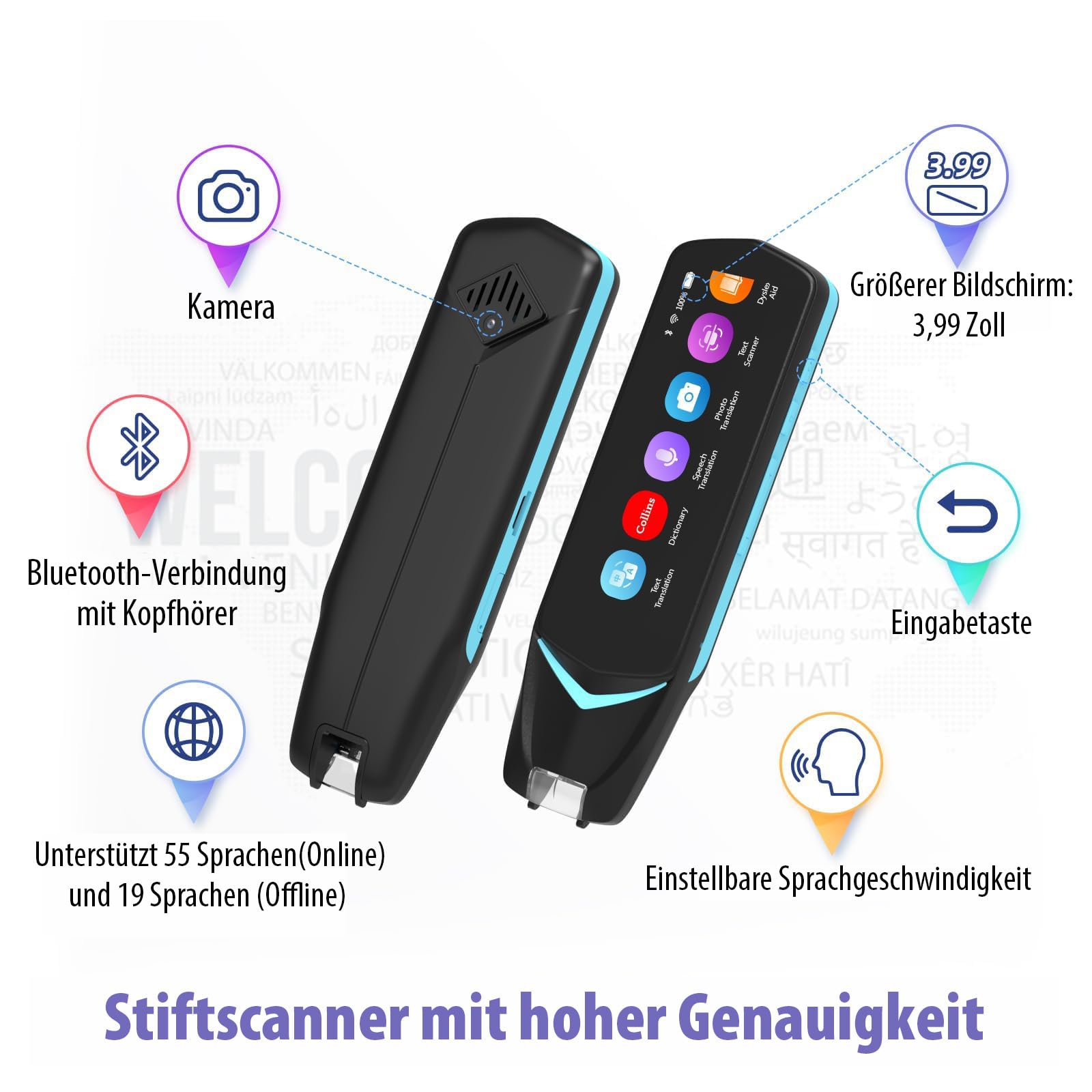 NEWYES Übersetzungs Stift Scannen,Übersetzer mit Sprachausgabe,Scannerstift zur Dateneingabe,OCR Lesestift mit Text to Speech,Foto Übersetzer,112 Sprachen