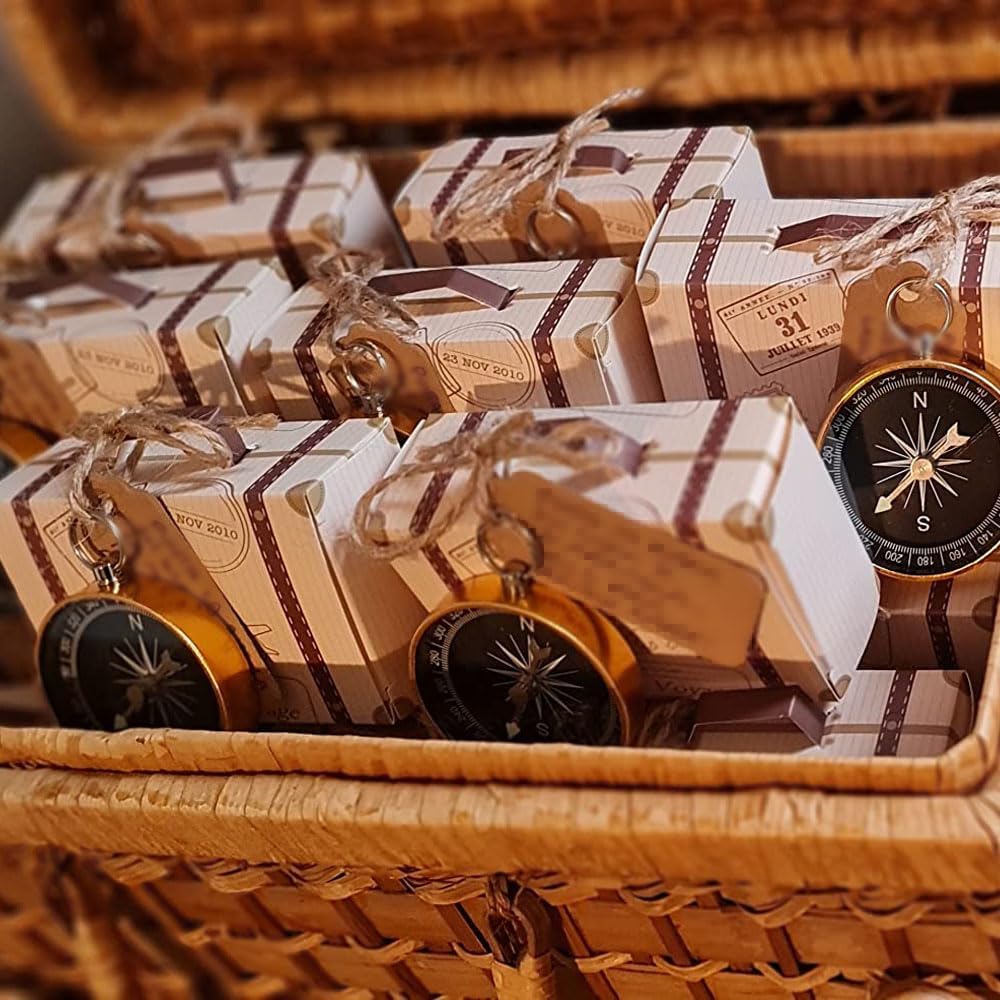 Naiocase Lot de 20 bonbonnières cadeau avec boussole et étiquettes Kraft, boîtes à dragées pour bonbonnières, baptême, homme, fille, mariage, anniversaire, remise de diplôme, fête - or