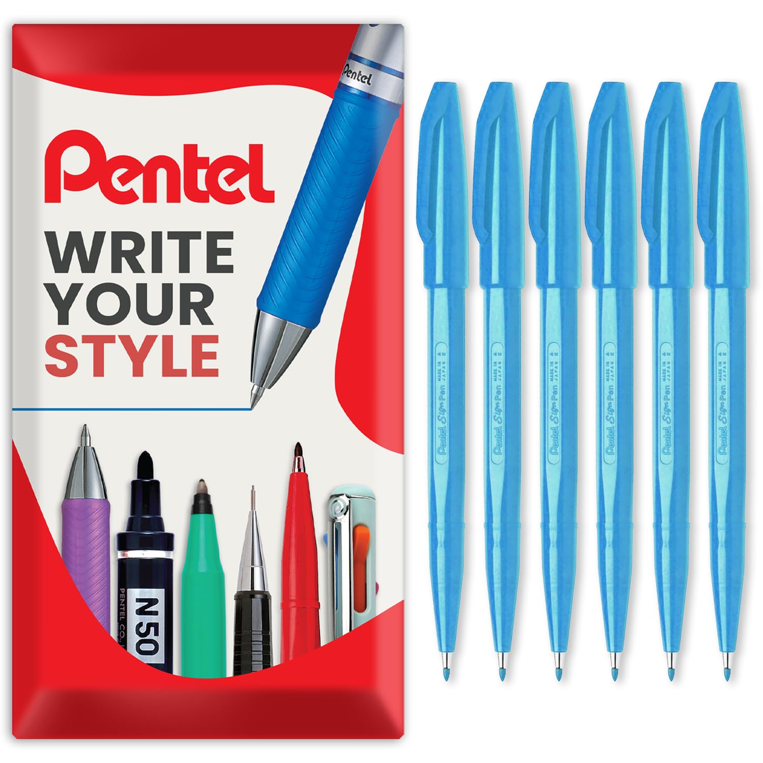 Pentel S520 Original Sign Pen Fibre Tip Marker Fineliner Pens - 2mm Nib - 1mm Line - Sky Blue Ink - Pack of 6 in Envelope Gift Packaging