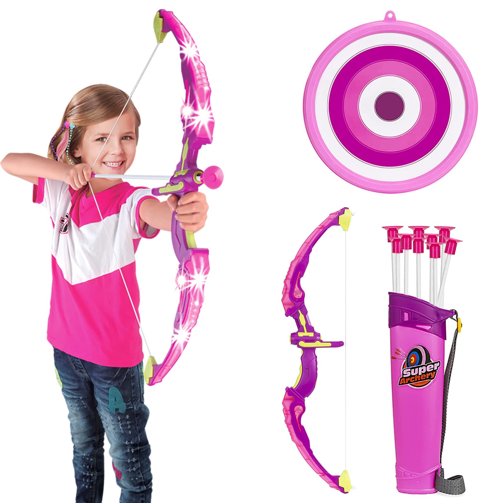 Conthfut Bow and Arrow for Kids with LED Flash Lights - Archery Bow with 9 Suction Cups Arrows, Target, and Quiver, Practice Outdoor Toys for Children Above 3-12 Years Old (Pink)