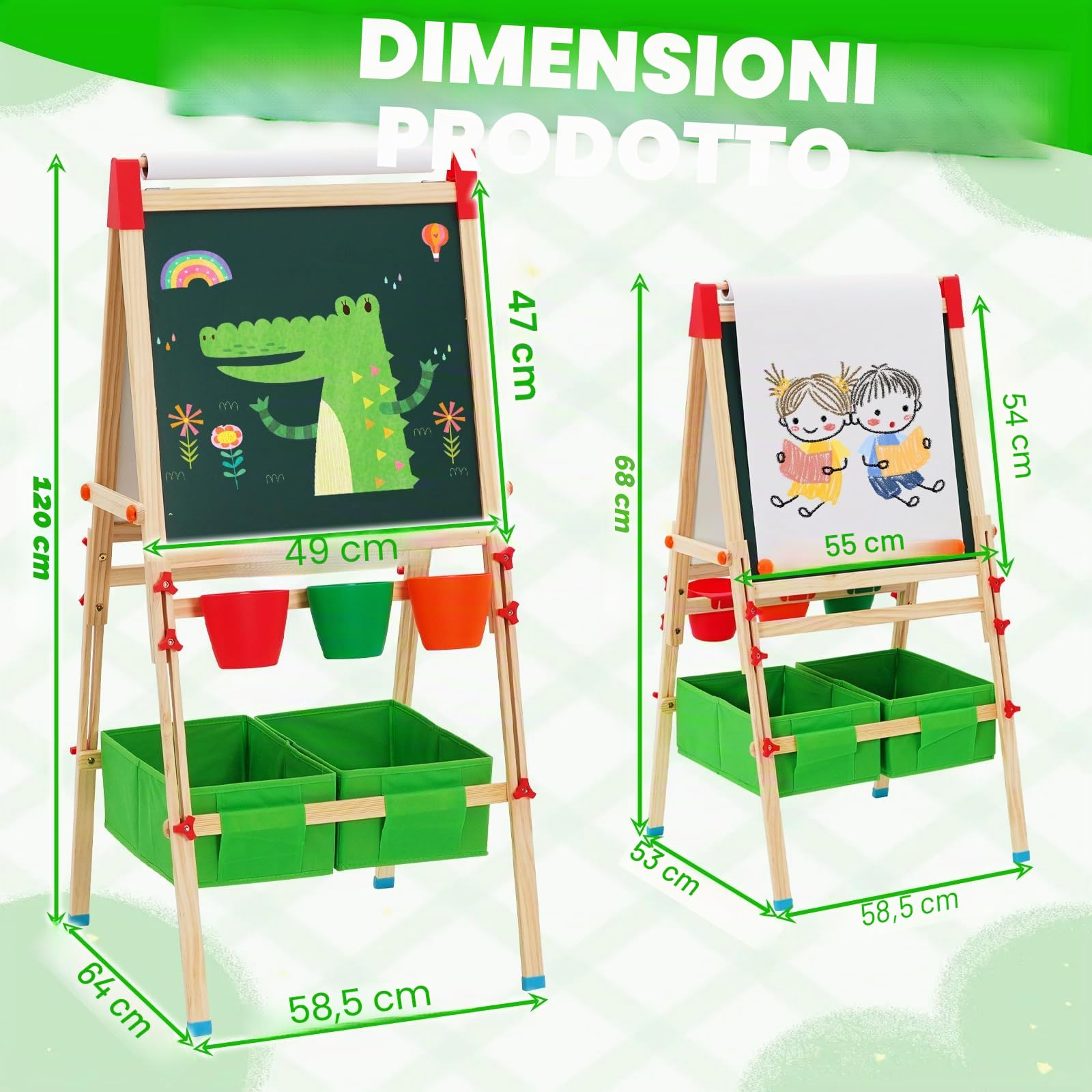 3in1 Cavalletto In Legno Per Bambini,Cavalletto Regolabile In Altezza Per Bambini,Grandi Per kids Con Lavagna E Rotolo Di Carta.Lavagna Cancellabile Con Pennelli,Borsa Portaoggetti,Numeri E Lettere